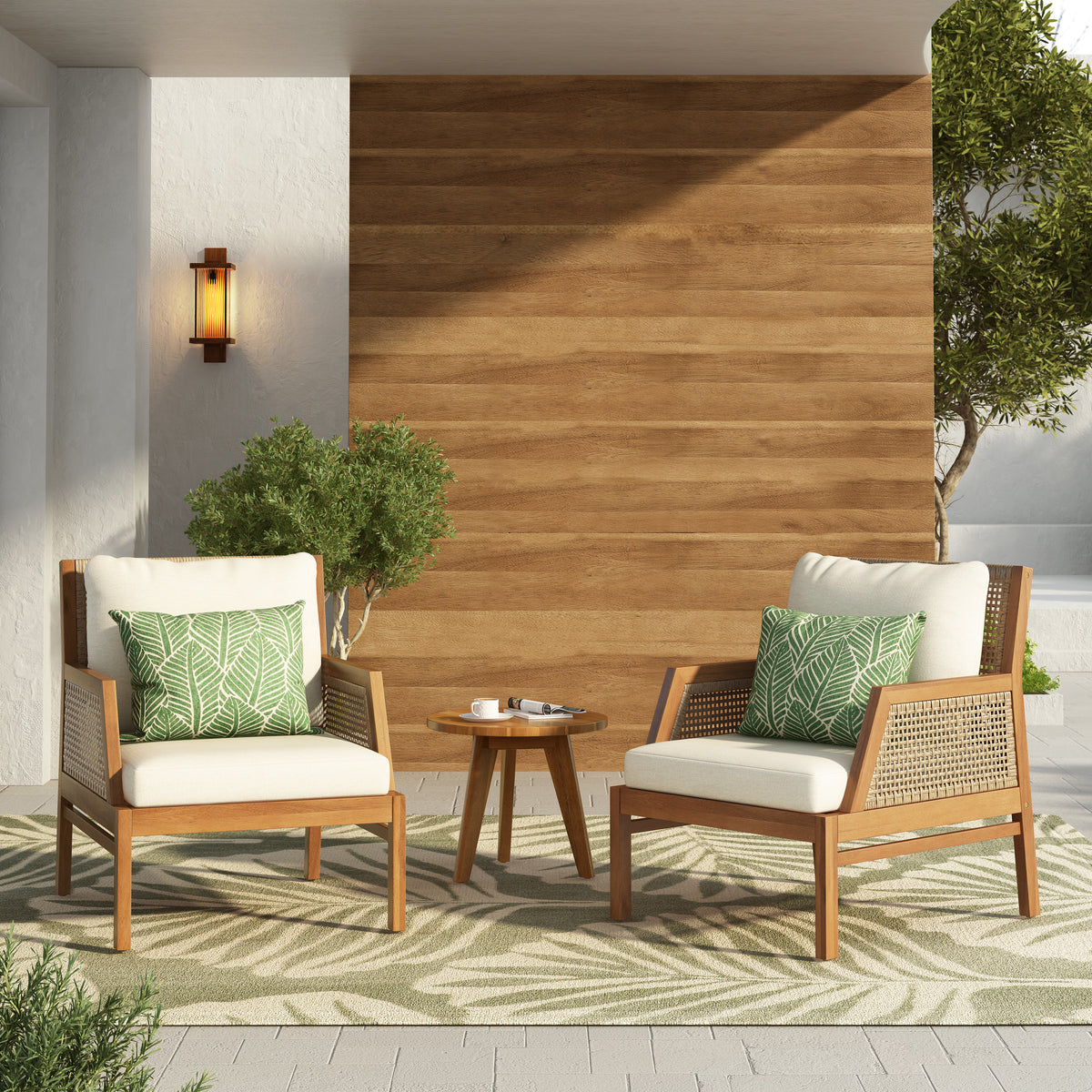 Teak Finish Solid Wood Outdoor Lounge Chair with Cushions, Set of 2