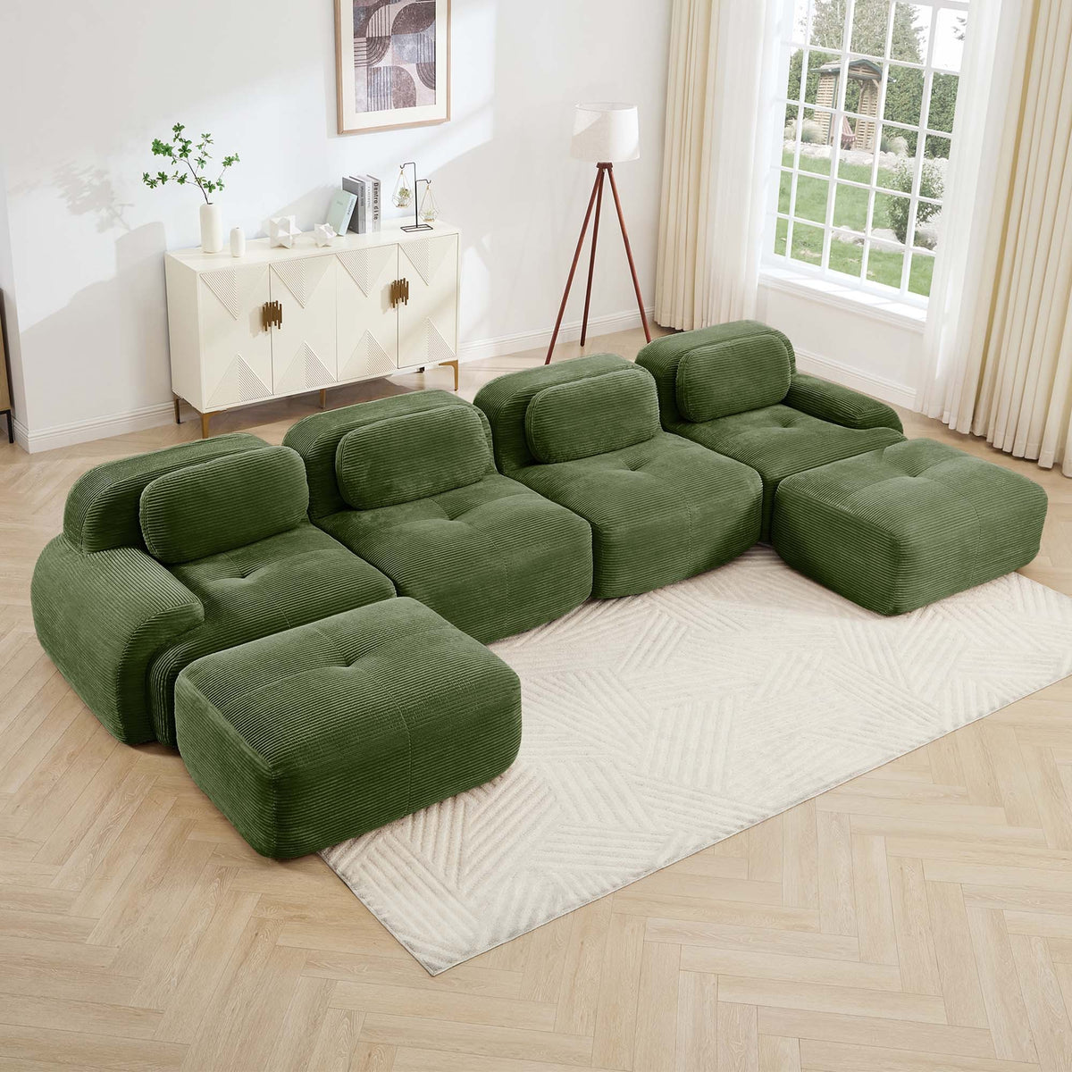 Olive Green Corduroy U-Shaped Modular Sectional Couch, 4-Seat