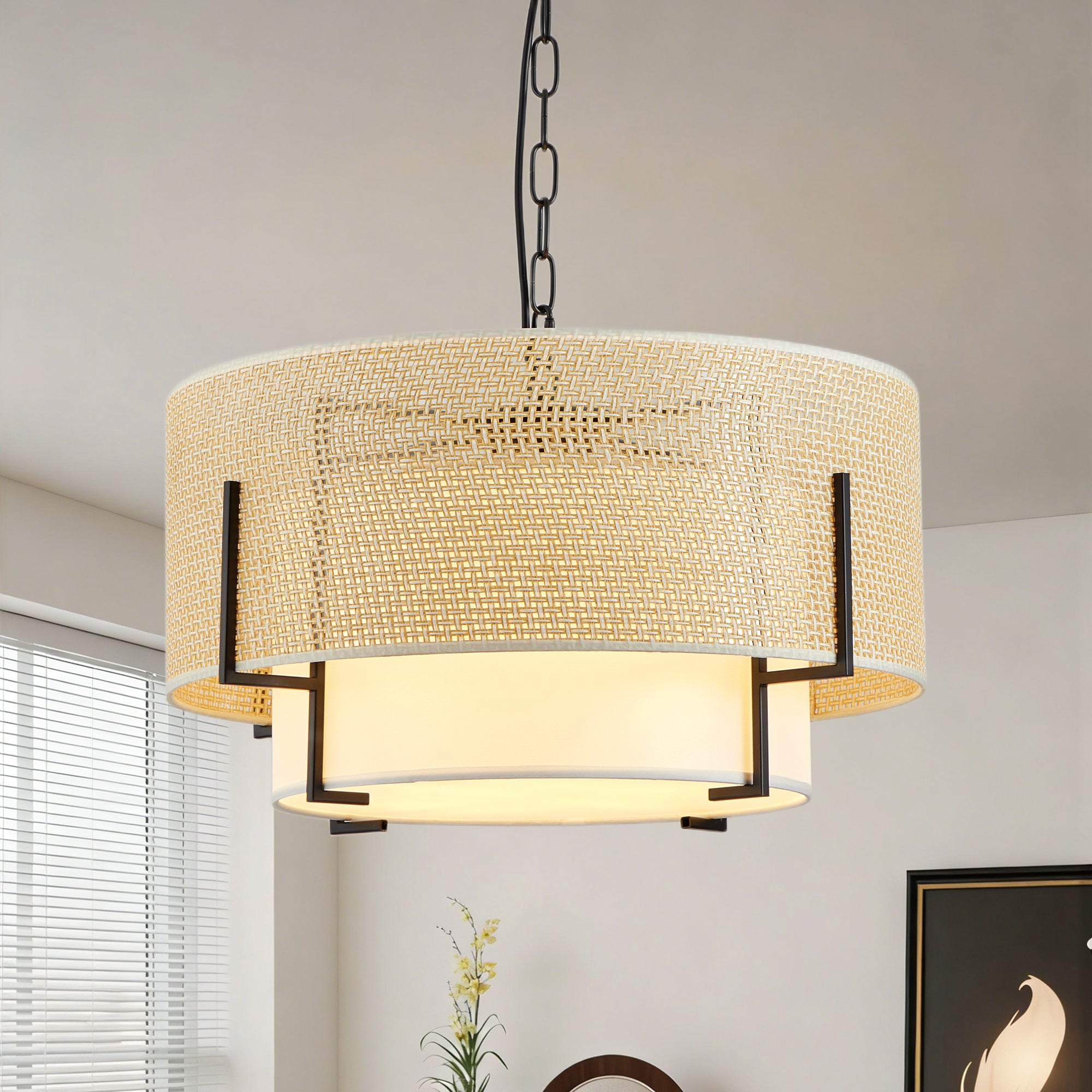 Drum Chandelier, 4-Light Fabric Shade, Gold