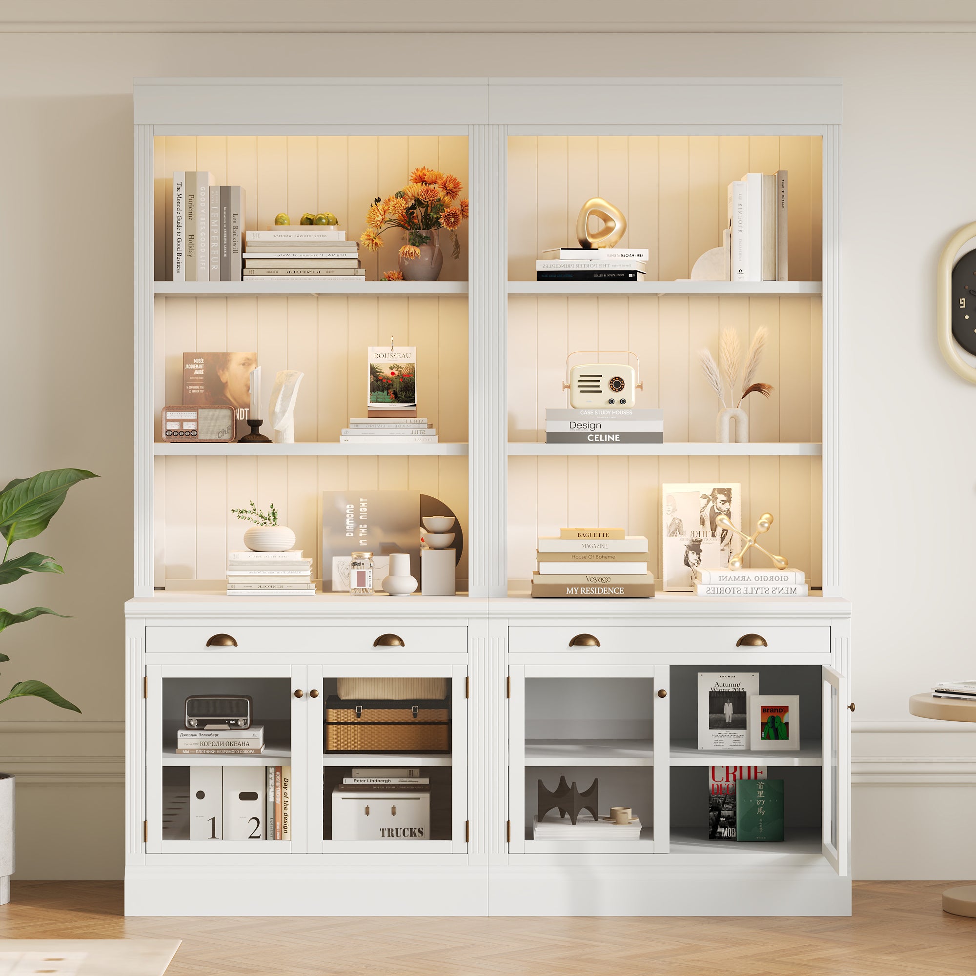 Modern Bookcase with Drawers and Doors, 71.6 in, White, 22.4 in Deep