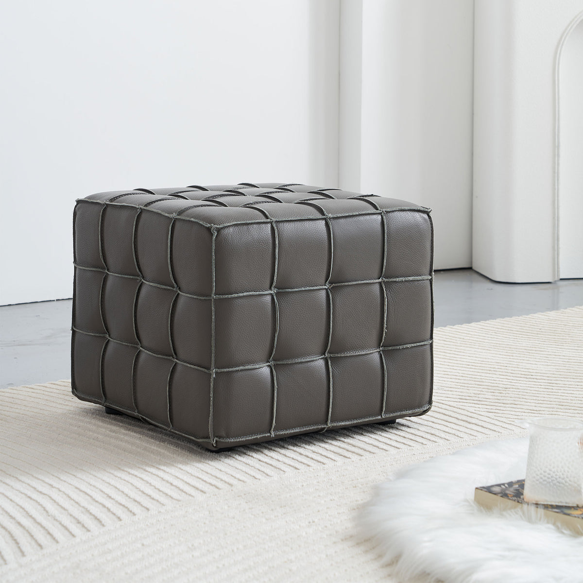 Gray Genuine Leather Tufted Ottoman, 17.3 in