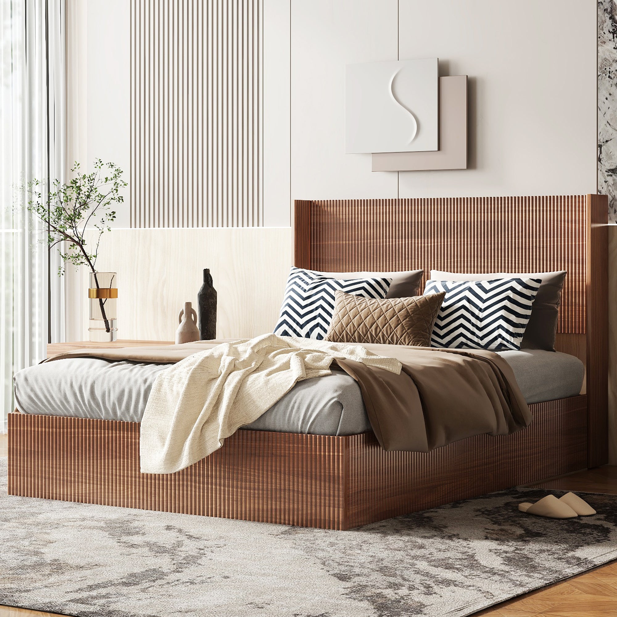 Angled view of the natural wood fluted queen storage bed with ribbed headboard and footboard