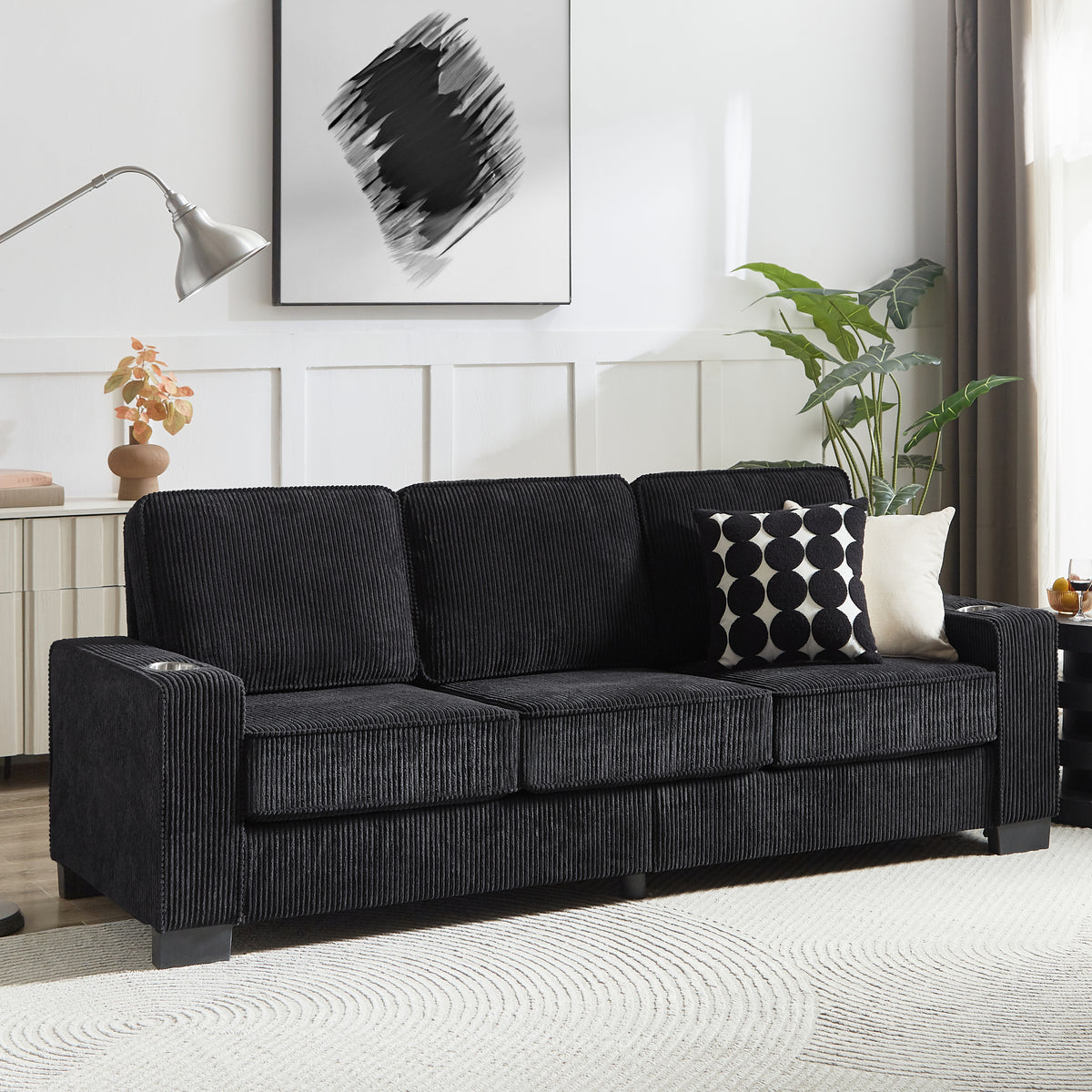 Black Corduroy 3-Seat Couch, 84.3 in Wide