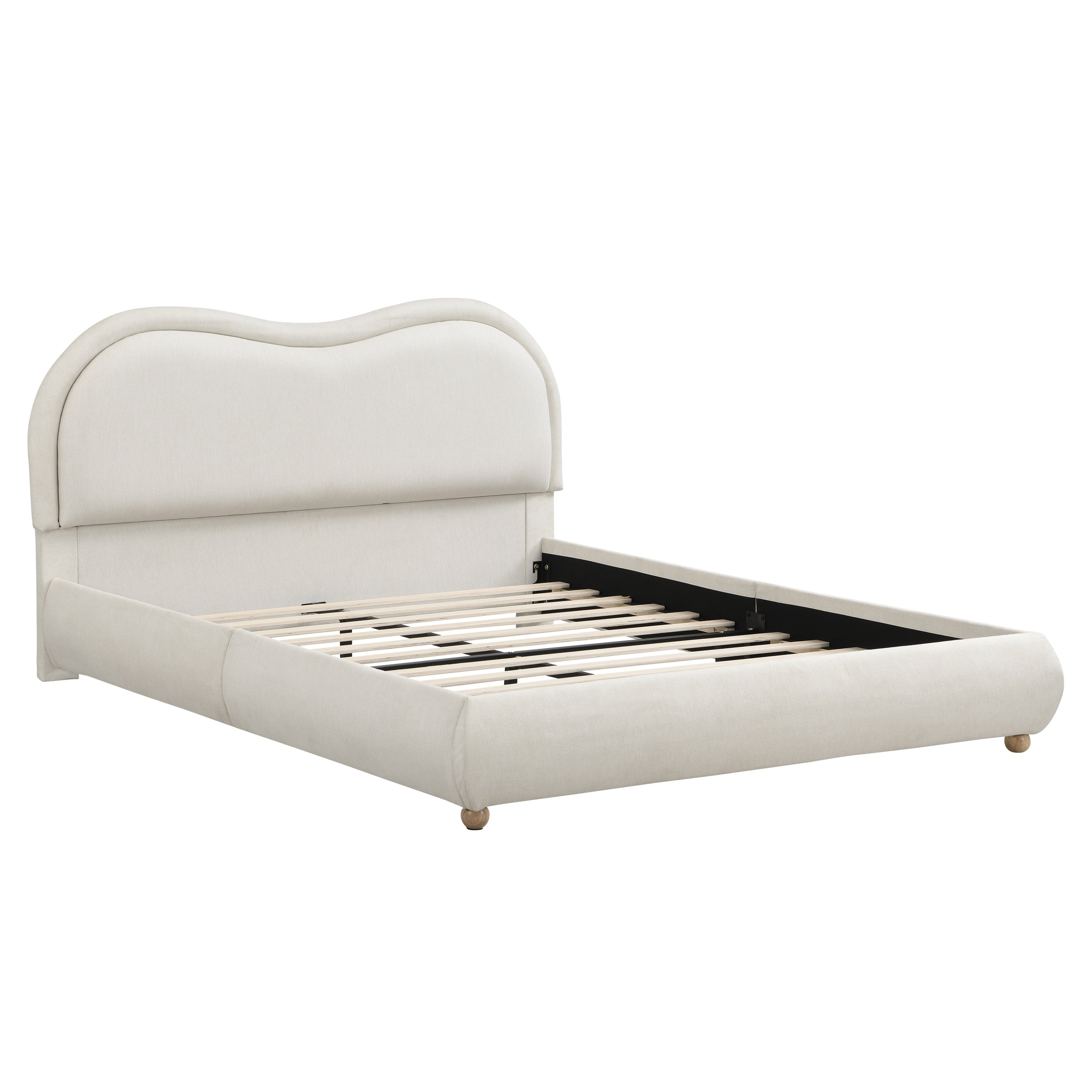Front-angled beige chenille bed frame with wavy headboard and wood slats, white background #Color_Beige