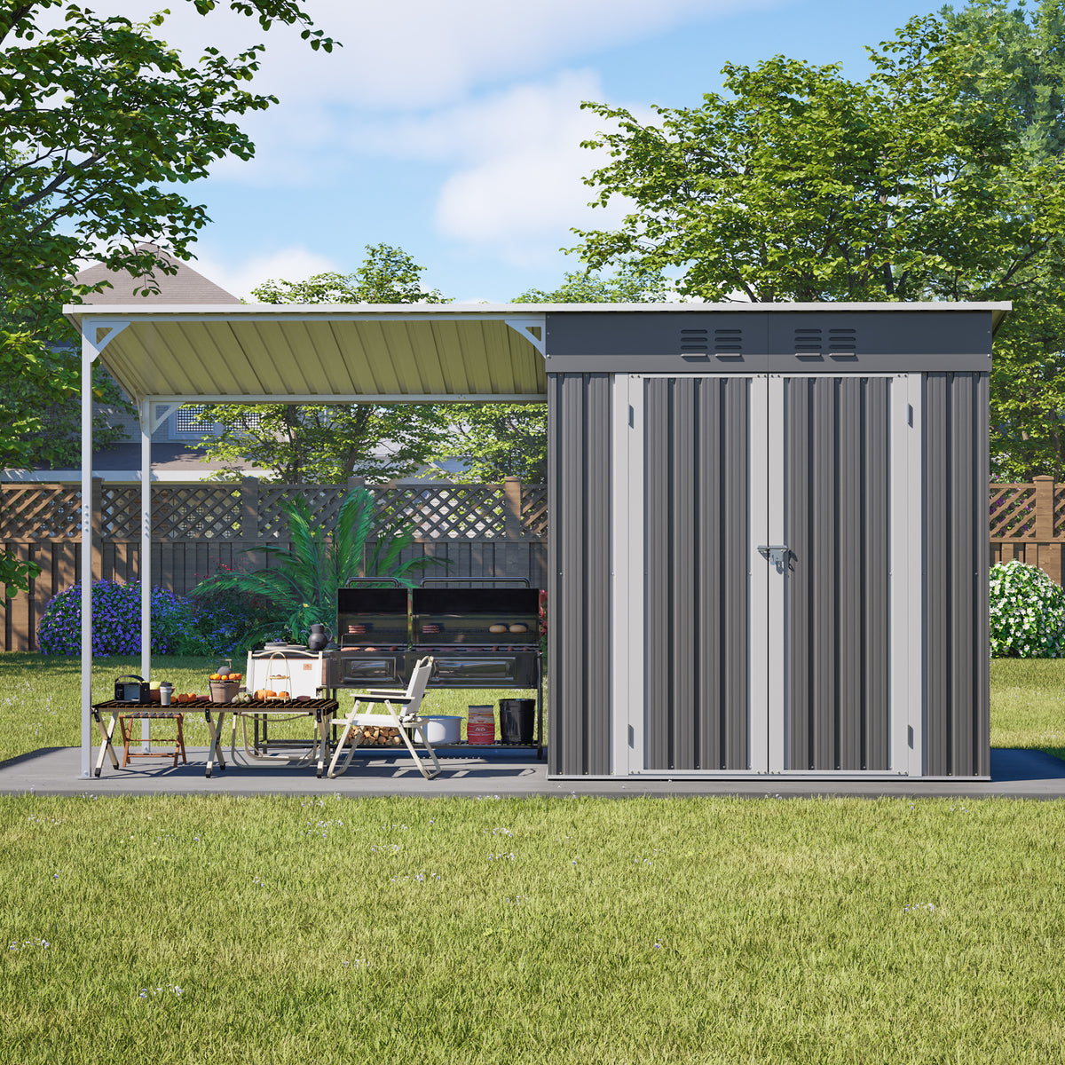 4x6 ft Gray Metal Storage Shed, 2-in-1 with Pergola
