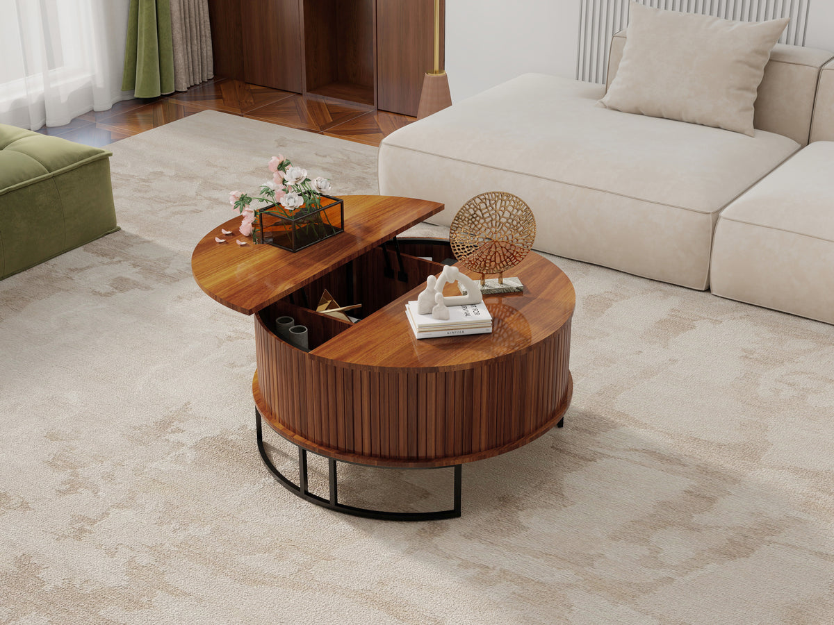 Walnut Round Fluted Lift-Top Coffee Table, 31.5 in