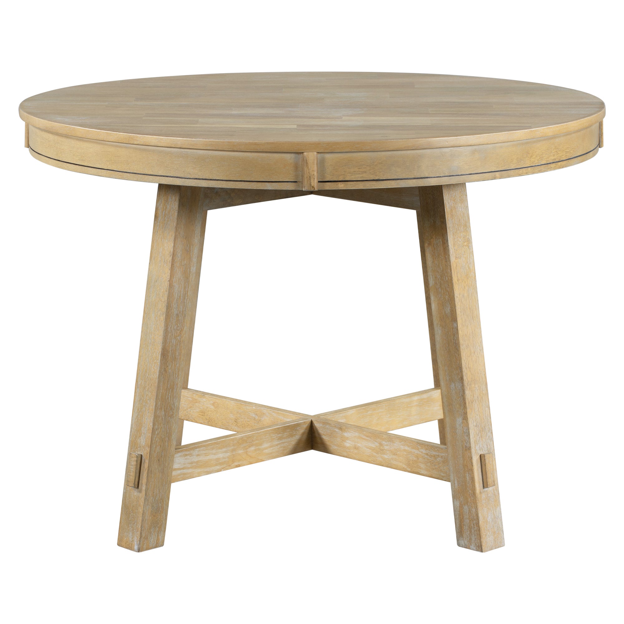 Overhead view of round oak tabletop showing natural wood grain on white background