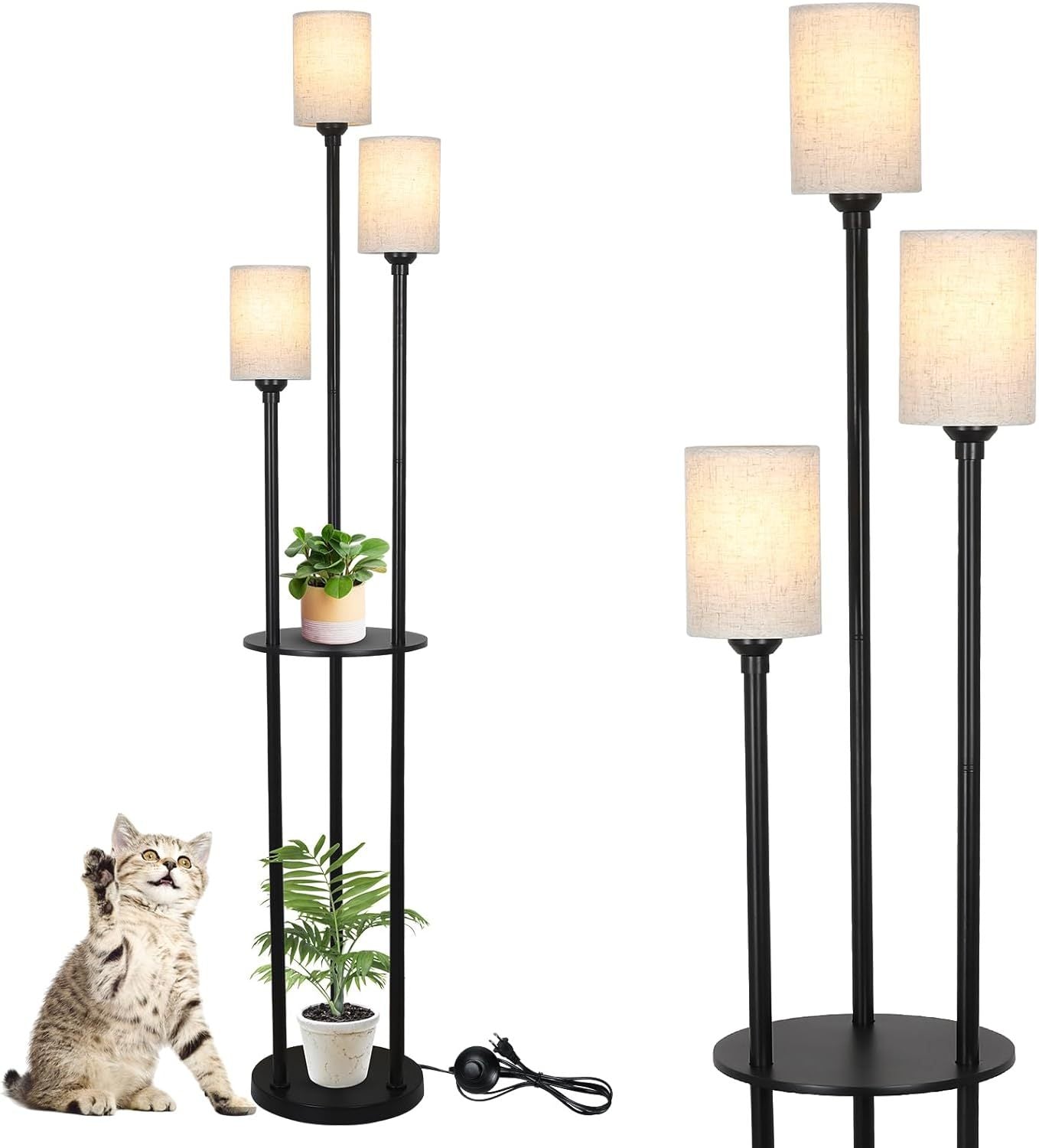 Floor Lamp with Shelf, 3-Light Linen Shade, Brown and Black