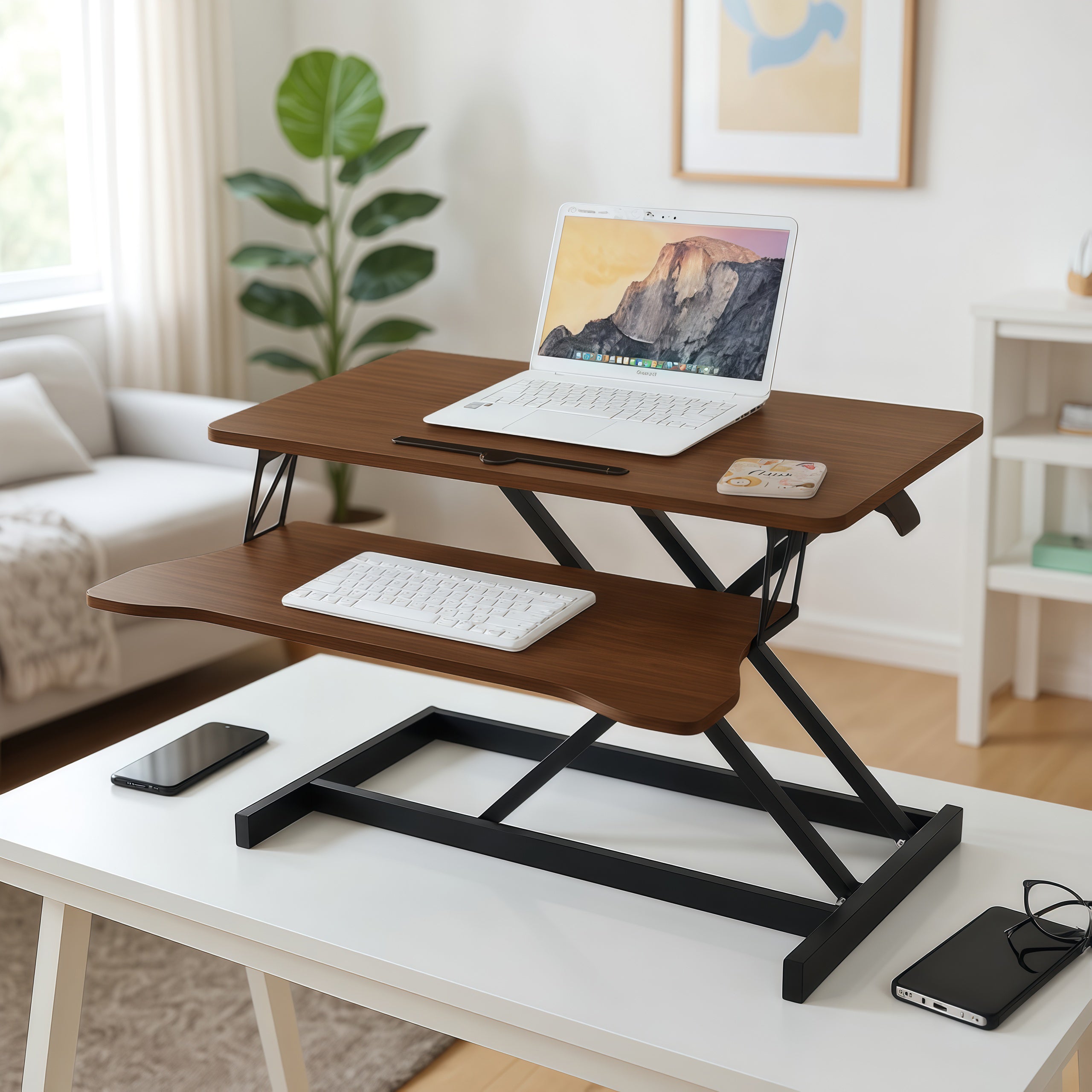 Height Adjustable Standing Desk Converter with Keyboard Tray, 32 in, Walnut
