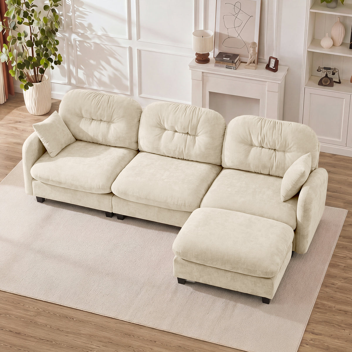 Beige Chenille Modular Sectional Couch with Ottoman, 3-Seat