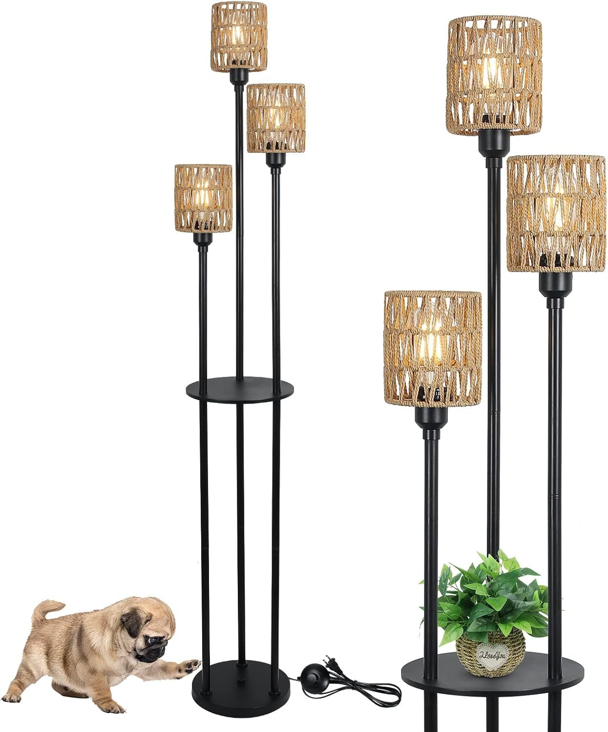 Floor Lamp, Rattan with Tray Shelf, Brown and Black