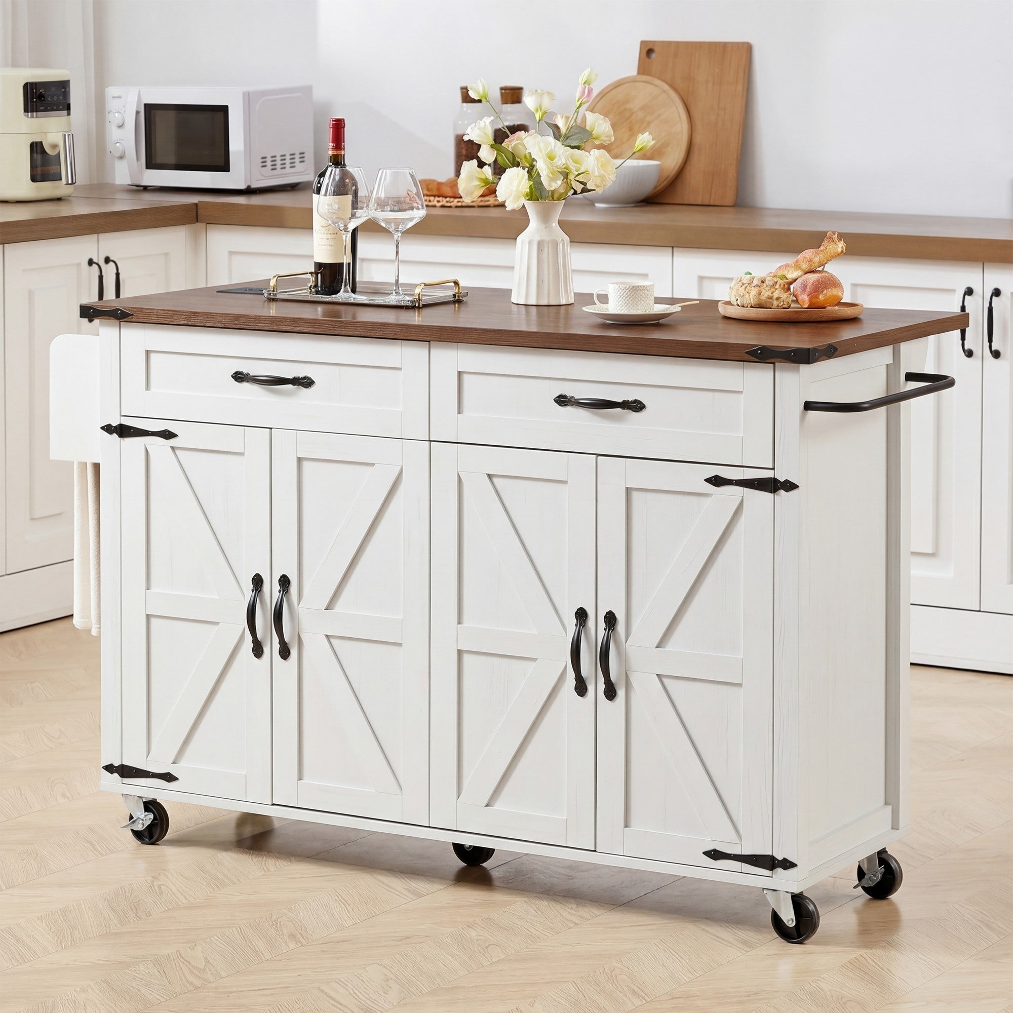 Farmhouse Kitchen Island, White, Drop-Leaf with 4 Doors & 2 Drawers