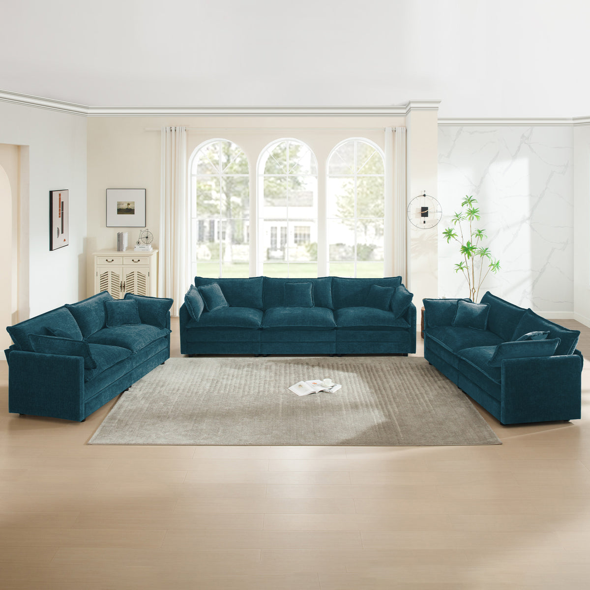 Blue Chenille 3-Piece Living Room Set