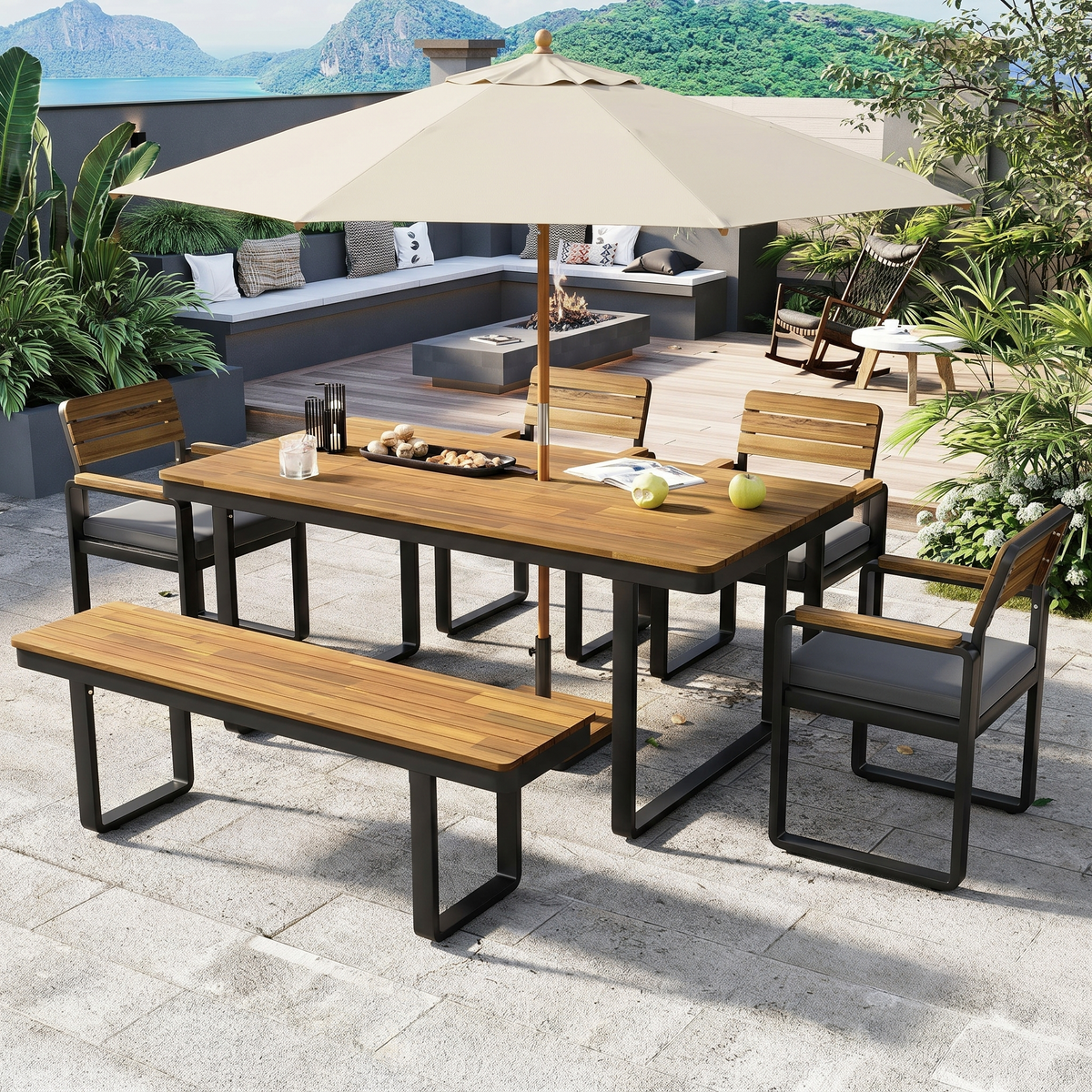 Solid Wood 6-Piece Patio Dining Set for 6 with Gray Cushions