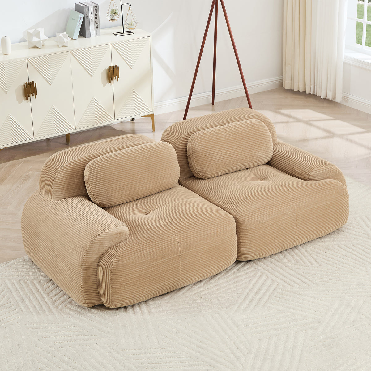 Camel Corduroy Modular 2-Seat Curved Sofa, 40.6 in Deep