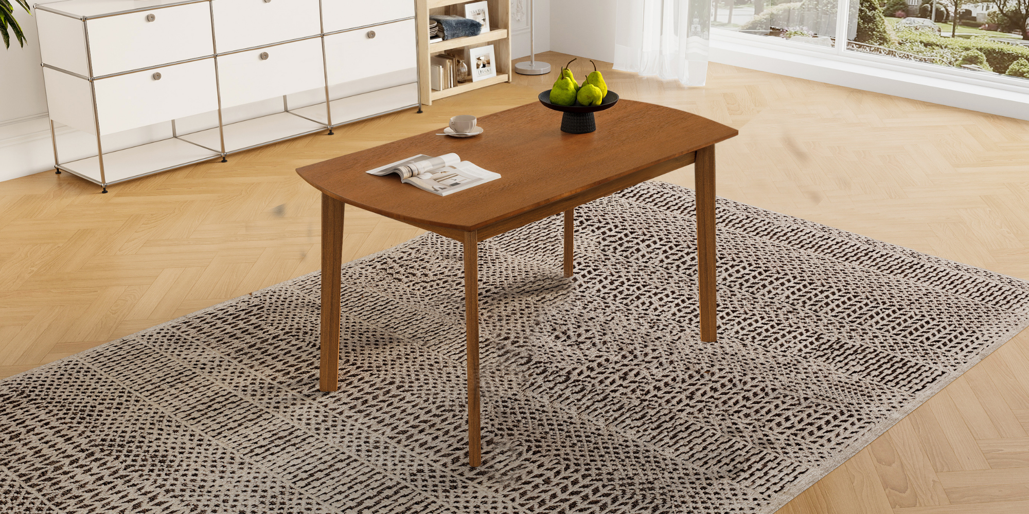 Overhead angled view of the brown dining table with pears and magazine on a herringbone floor