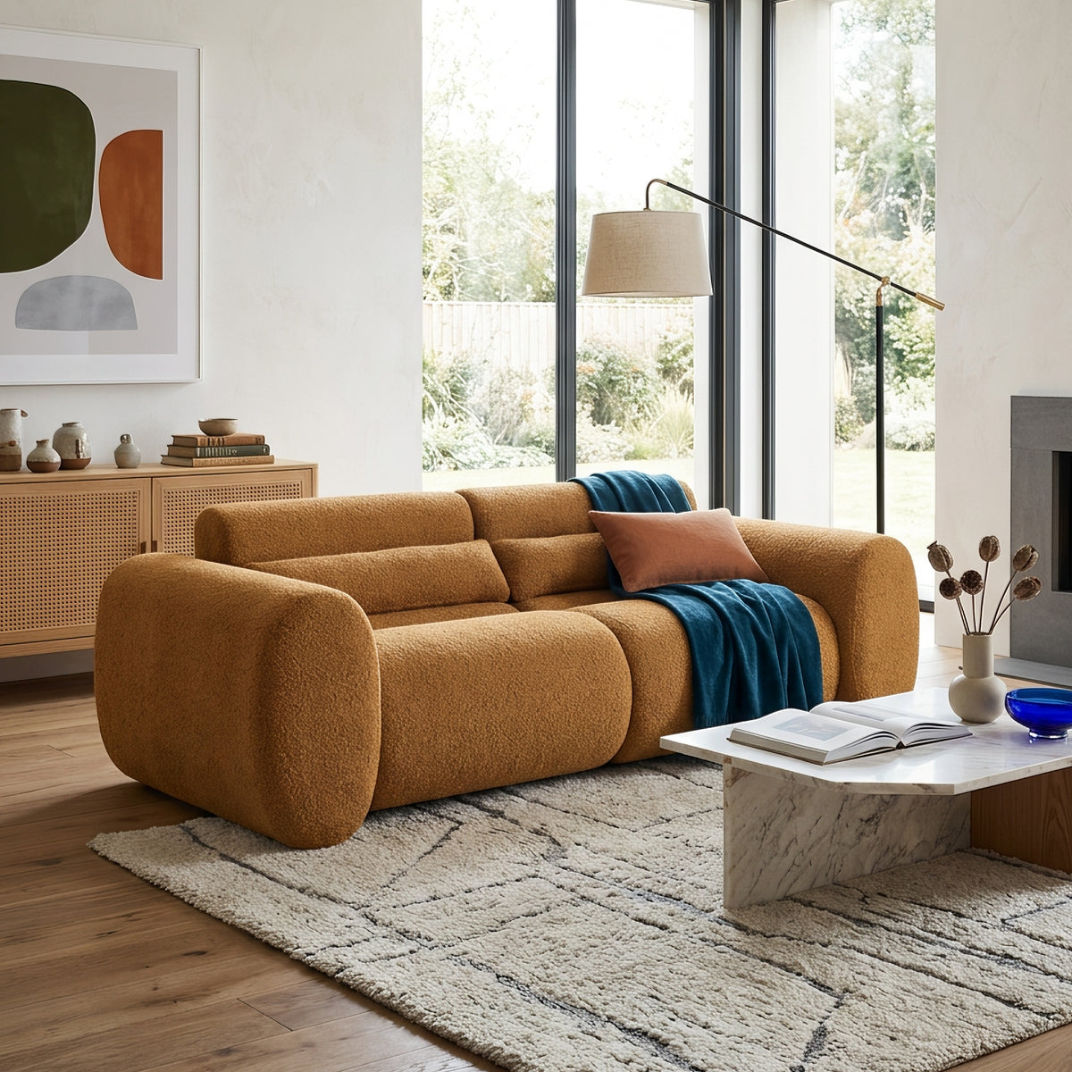 Camel Boucle 3-Seat Curved Sofa, 78.9 in Wide