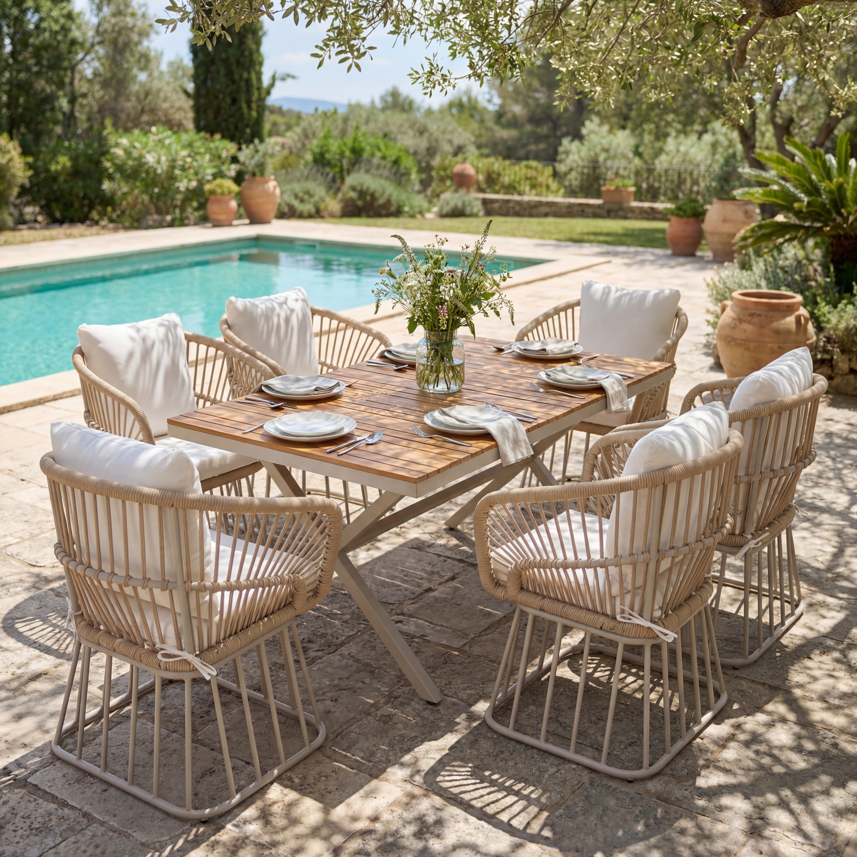 Outdoor 7-Piece Dining Set, Teak Table and 6 Rope Armchairs