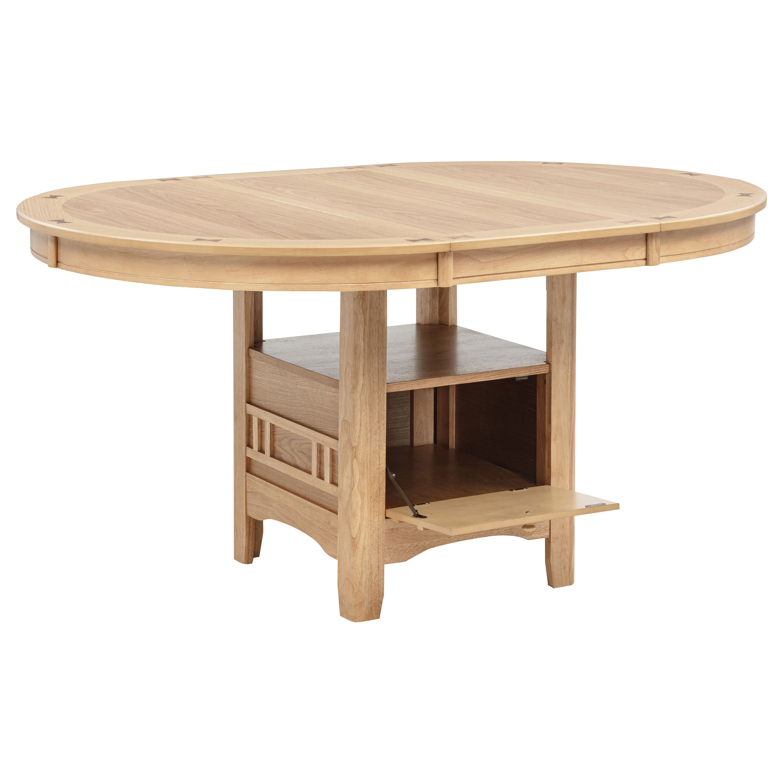 Light oak dining table with the base compartment door open, white studio background