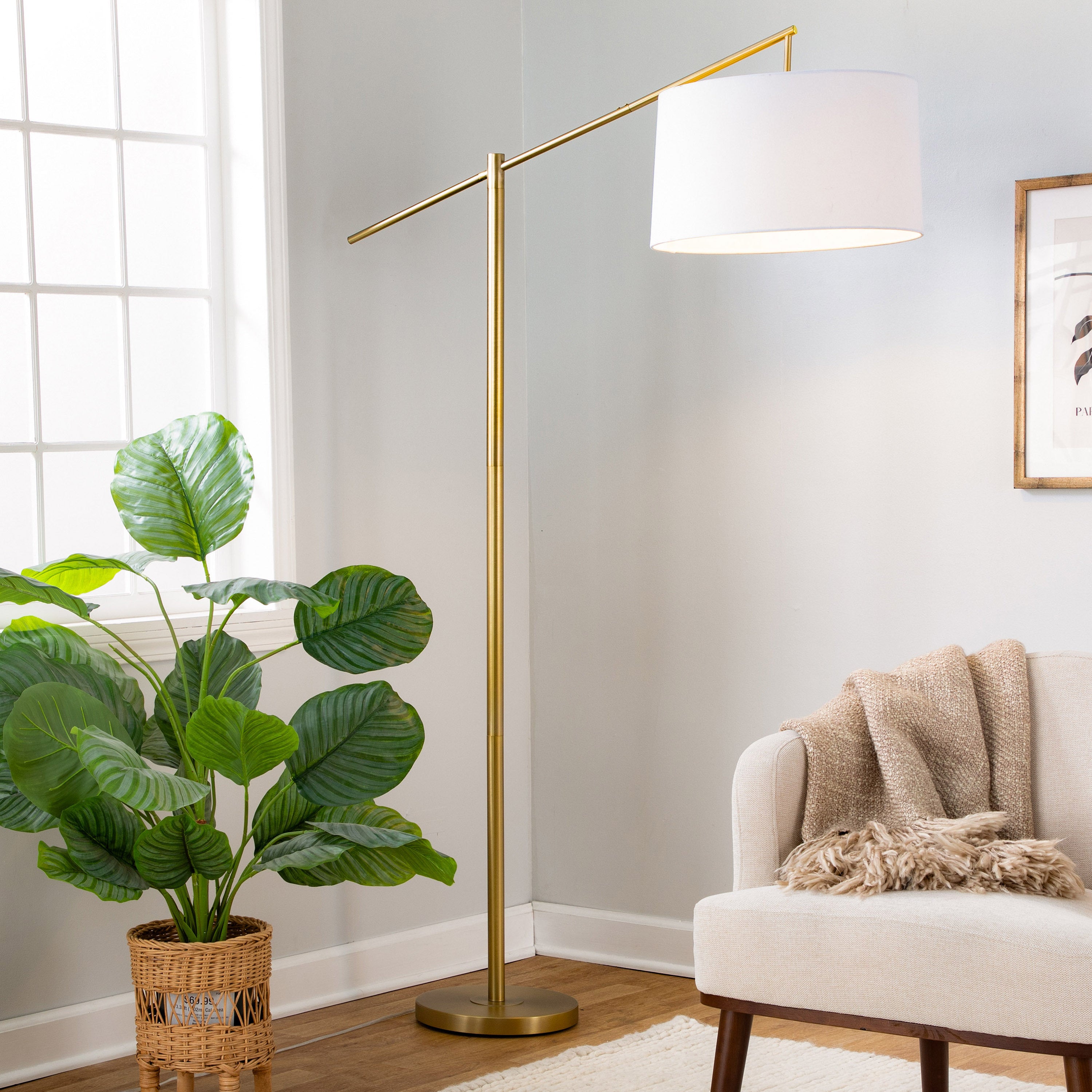 Floor Lamp, Gold Metal Frame, Off-White Linen Shade