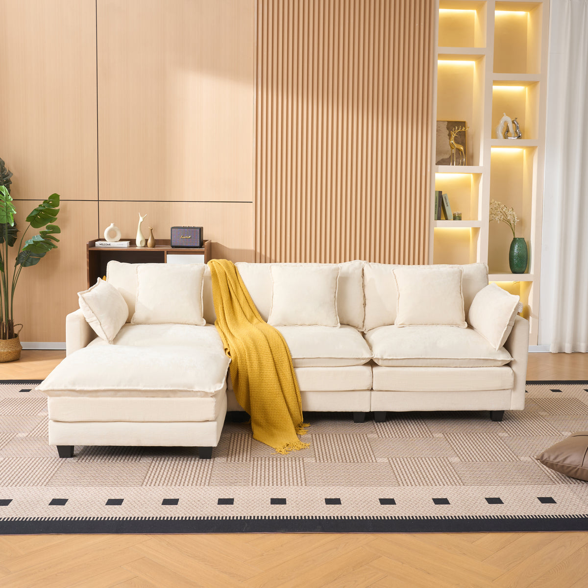 Beige Sectional Couch with Ottoman, 102 in Wide