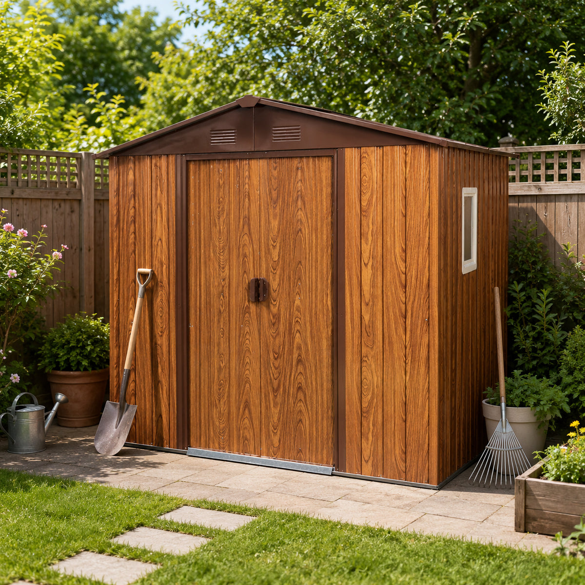 Brown Metal Storage Shed with Window