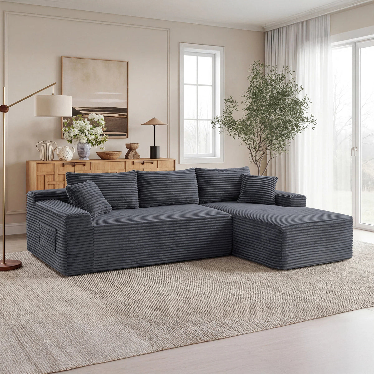 Gray Corduroy L-Shaped Modular Sectional, 94.5 in Wide, Right-Facing
