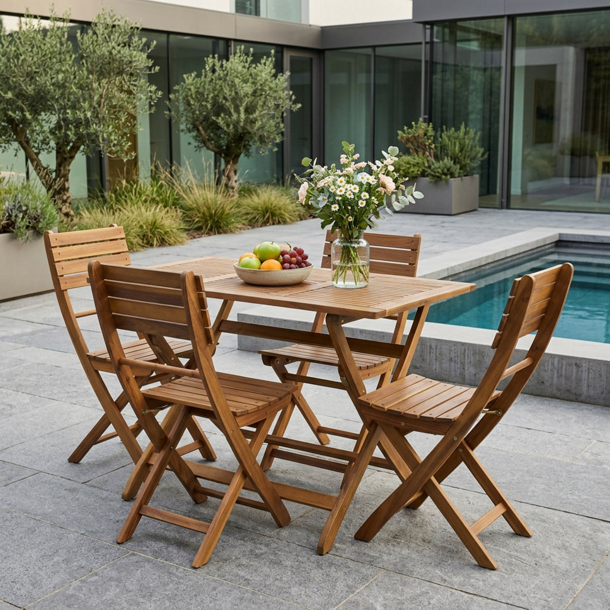 Natural Solid Wood 5-Piece Patio Dining Set for 4