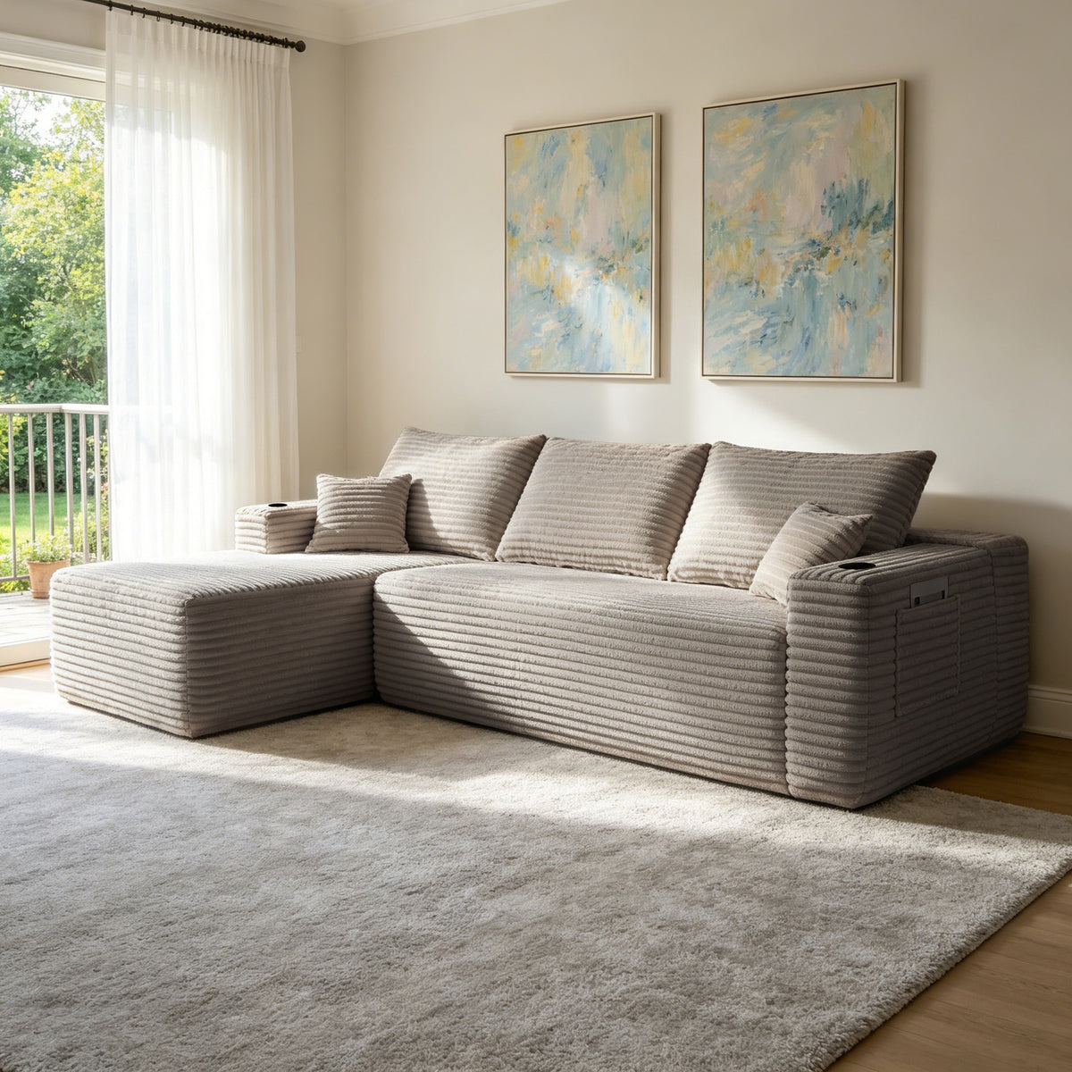 Brown L-Shaped Modular Sectional, 108 in Wide, Left-Facing Chaise