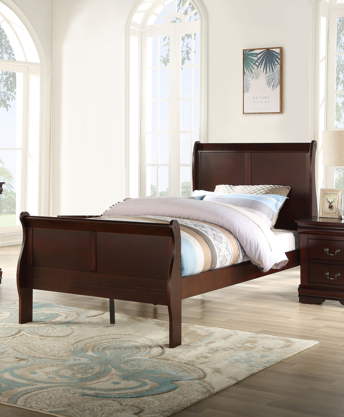 Twin Youth Sleigh Bed in Solid Wood, Cherry Finish