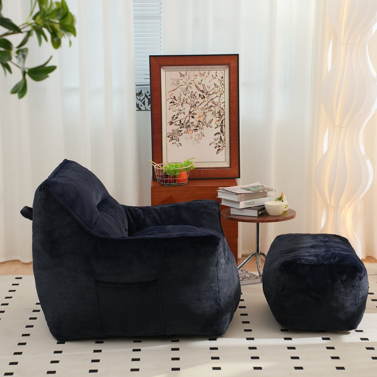 Navy Blue Faux Fur Bean Bag Sofa