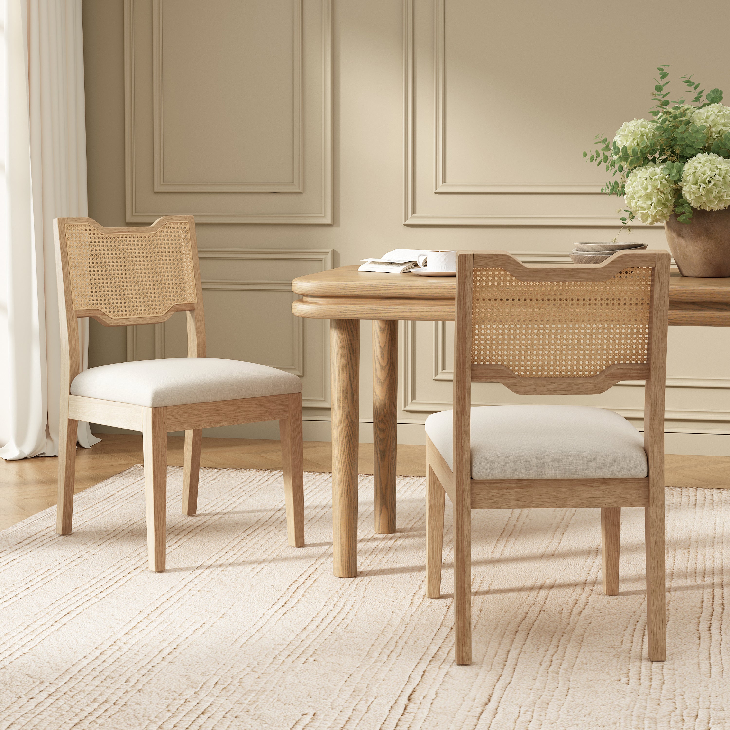 Dining Chair Set of 2, Cane Back, Cream Seat, Natural Wood Frame