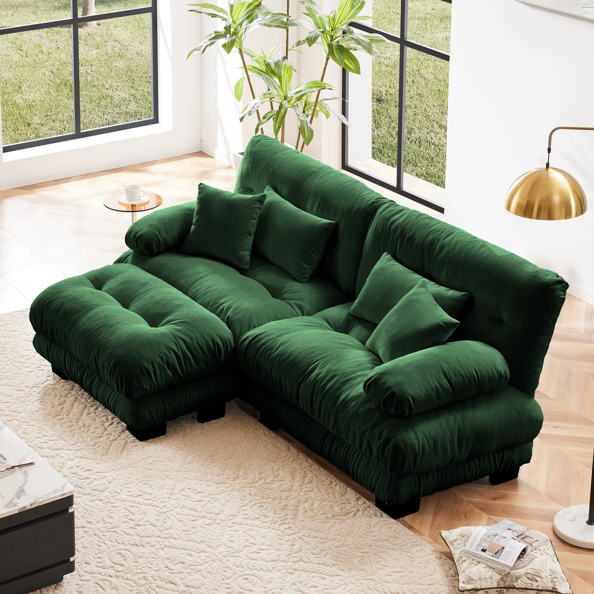 Green Chenille 2-Seat Couch with Ottoman