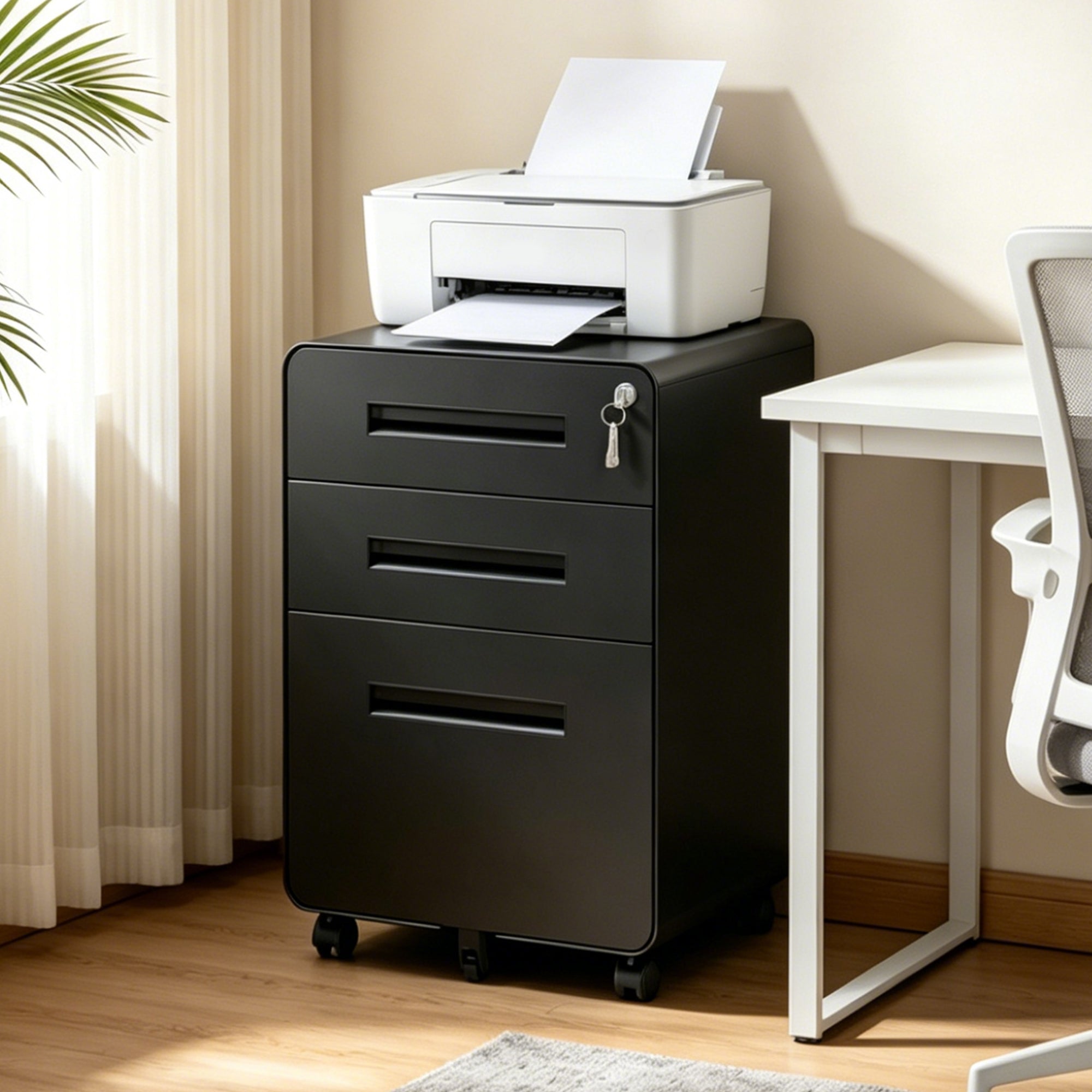 Rolling File Cabinet with Drawers and Lock, Filing Cabinet, 17.7 in, Black