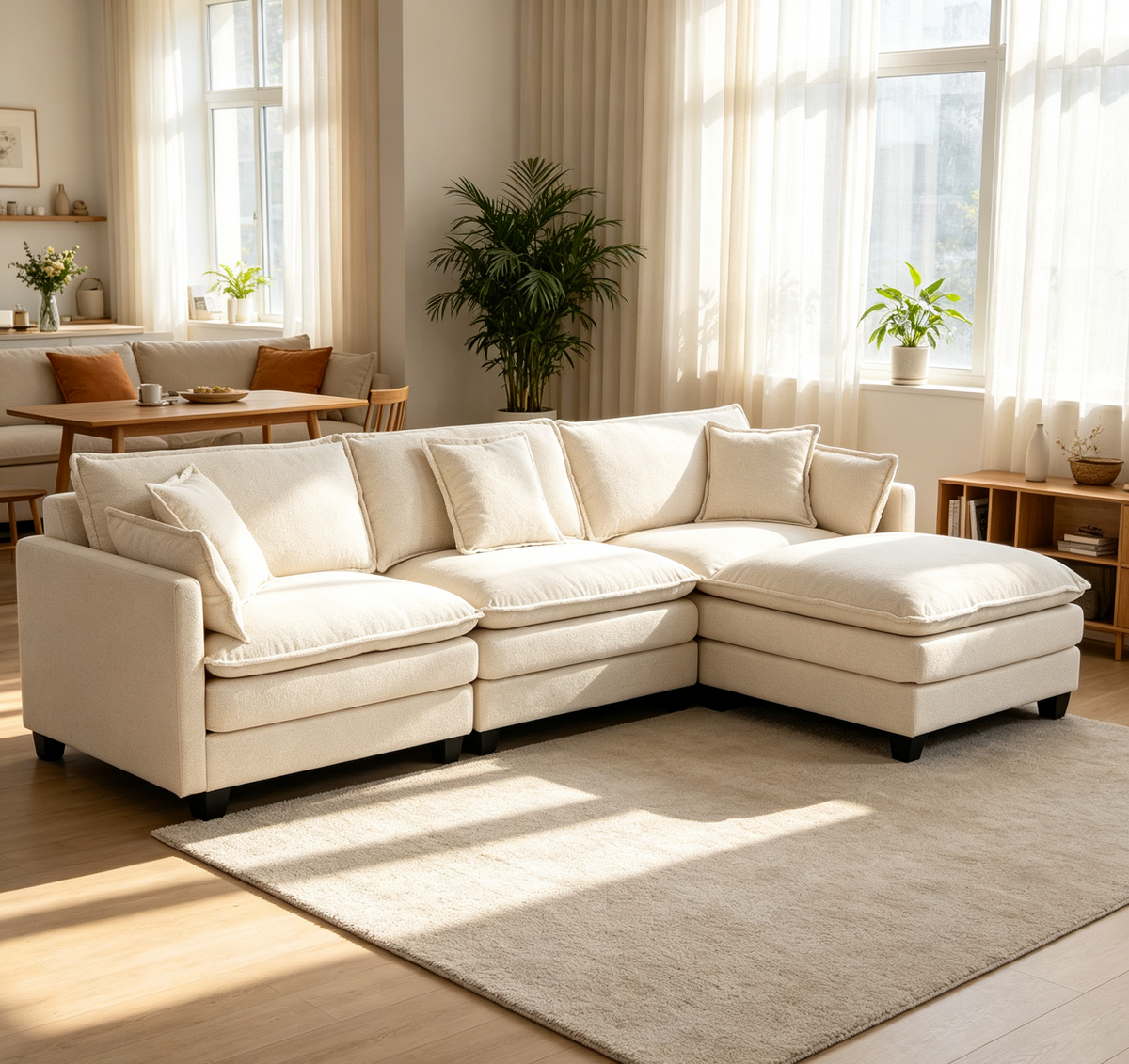 White Chenille Modular Sectional Couch with Ottoman, 113.8 in Wide