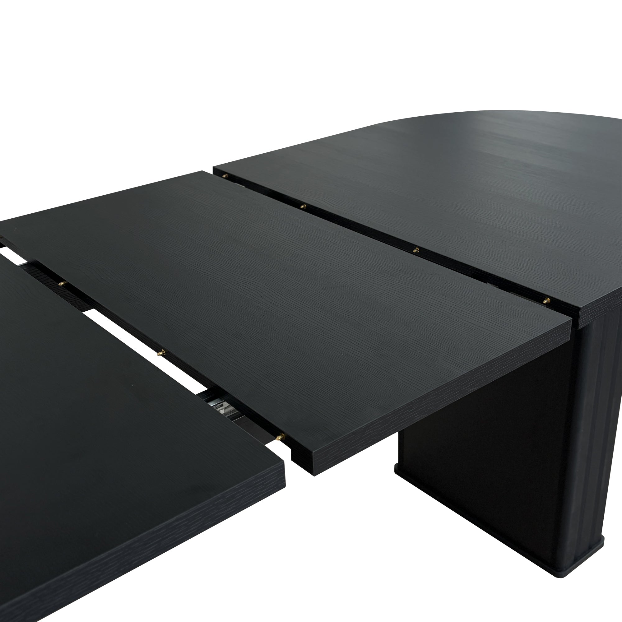 Angled close-up of the extended tabletop panels with the center leaf in place