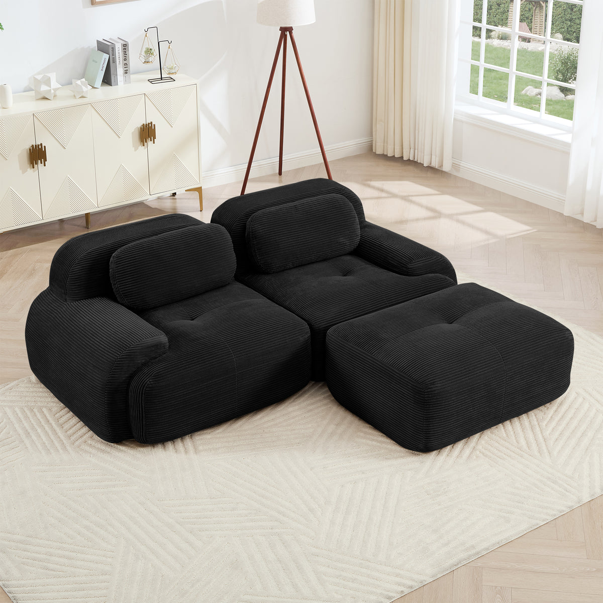 Black Corduroy L-Shaped Modular Sectional Couch, 82 in Wide