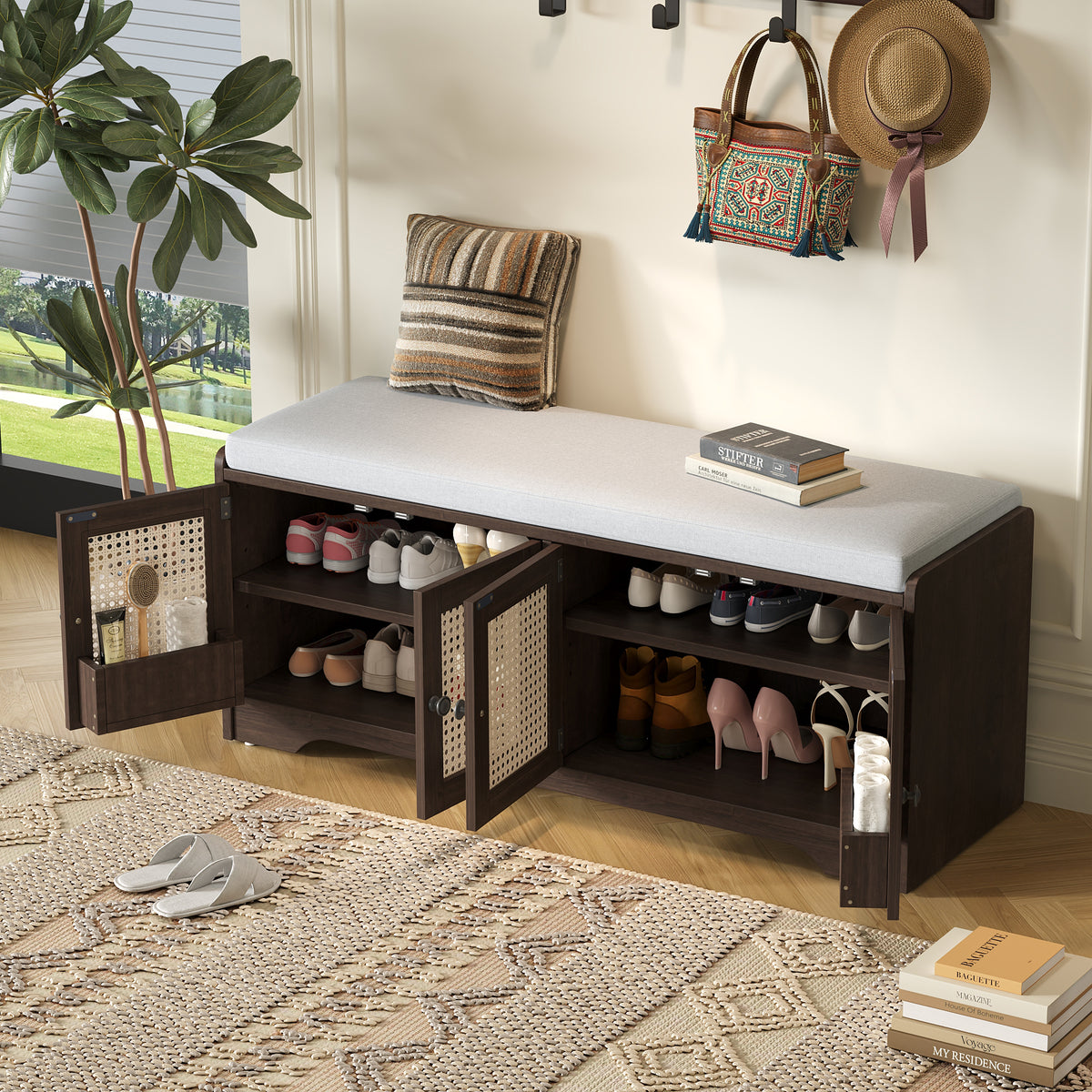 Espresso Rattan Shoe Storage Bench, 47.4 in Wide