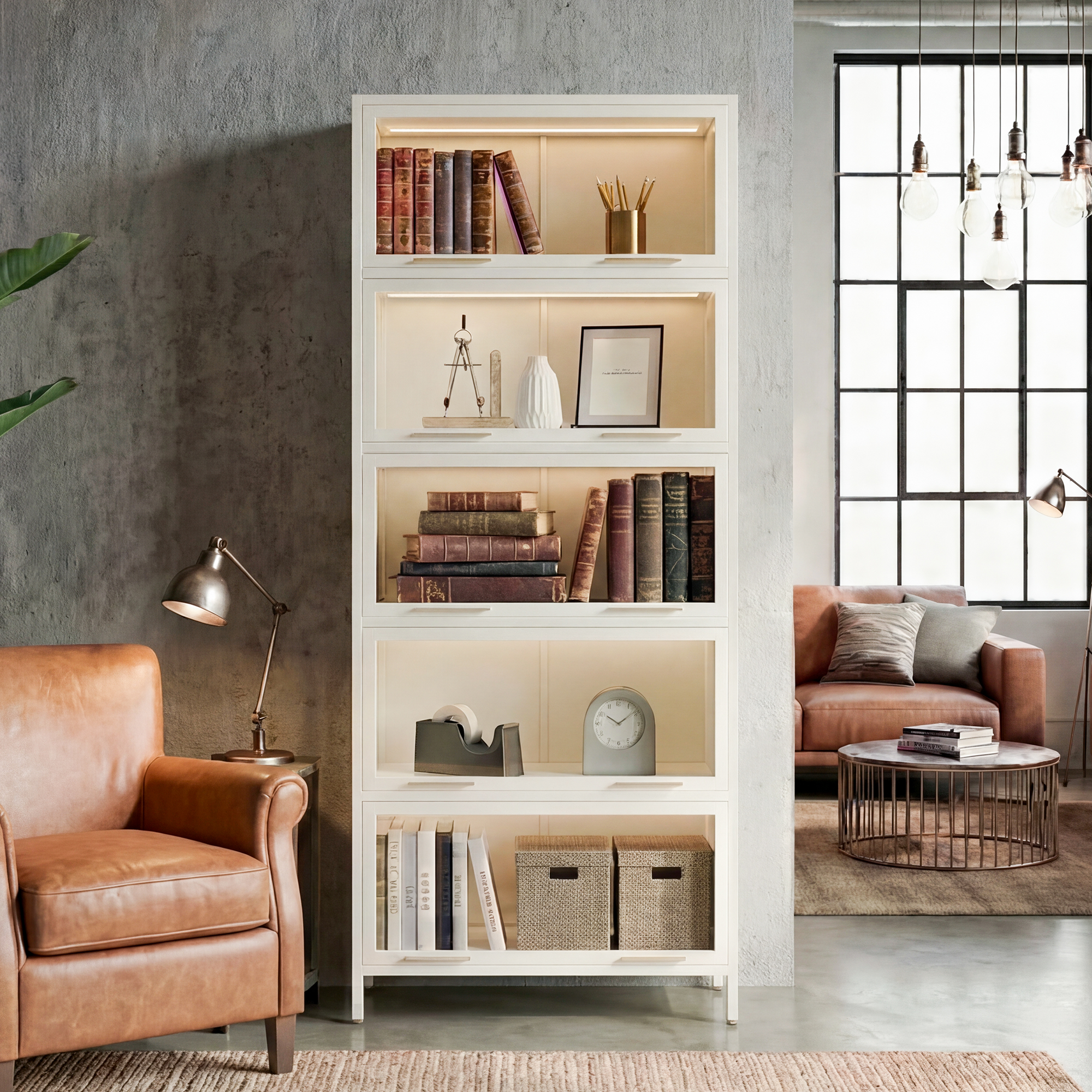 Iron Display Cabinet, White 5-Tier with Glass Doors and LED Lights