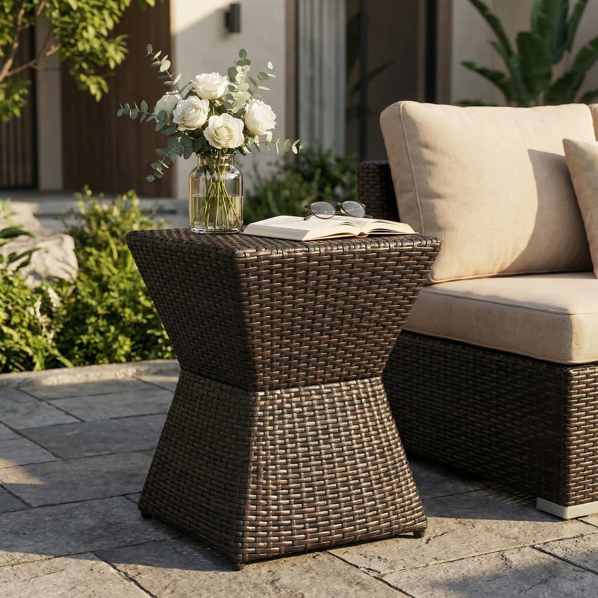 Brown Wicker Outdoor Side Table, 18 in Tall