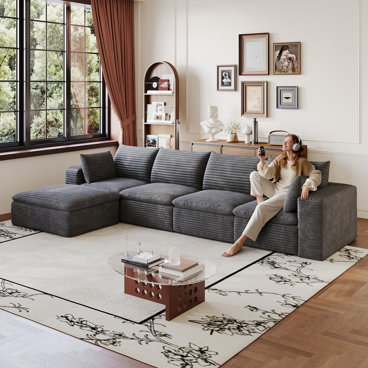 Dark Gray Corduroy Modular 5-Seat Couch, No Assembly, 134 in Wide