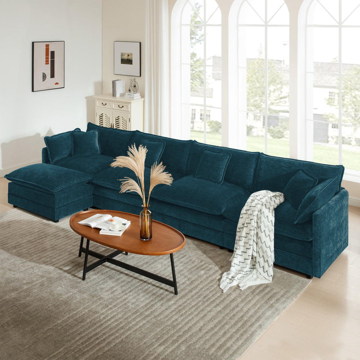 Blue Chenille L-Shaped Modular Sectional with Ottoman