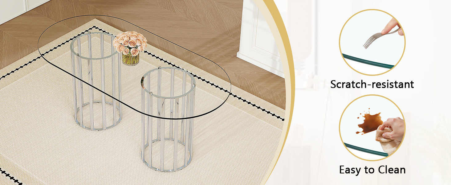 Angled view of the oval glass table beside scratch-resistant and easy-to-clean feature close-ups.