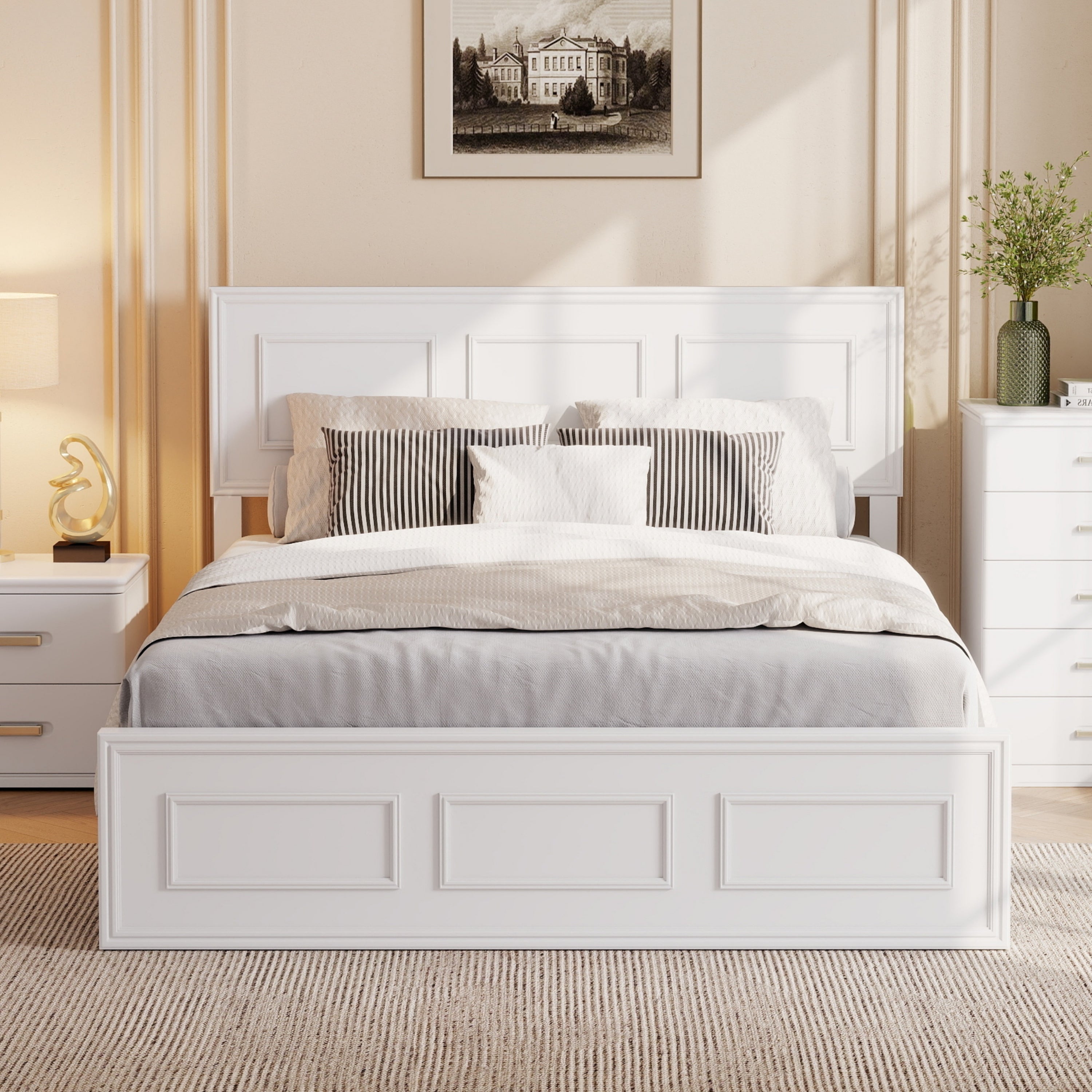 Full Size Bed with Adjustable Height Headboard, White