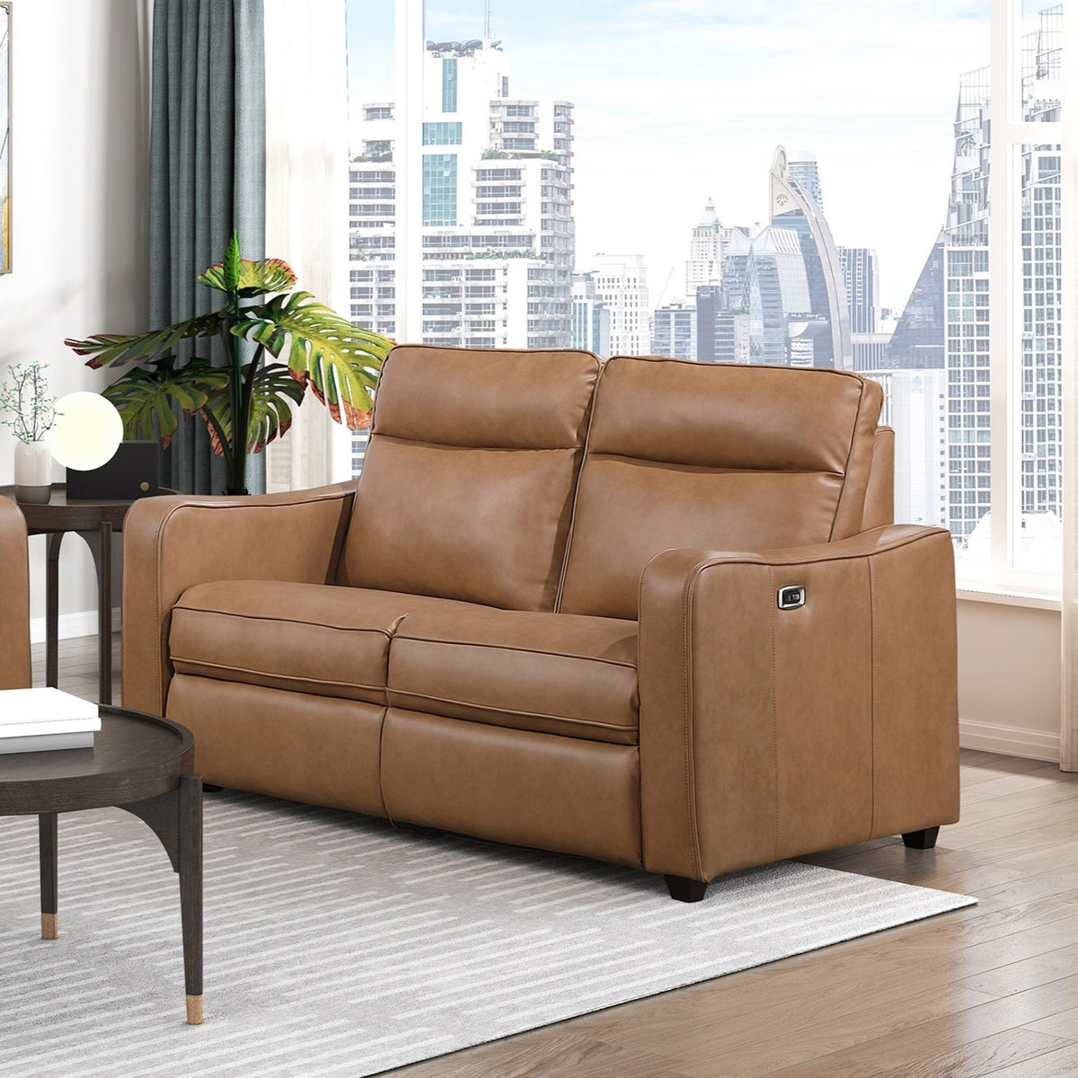 Brown Vegan Leather Power Reclining Loveseat, Curved Track Arms