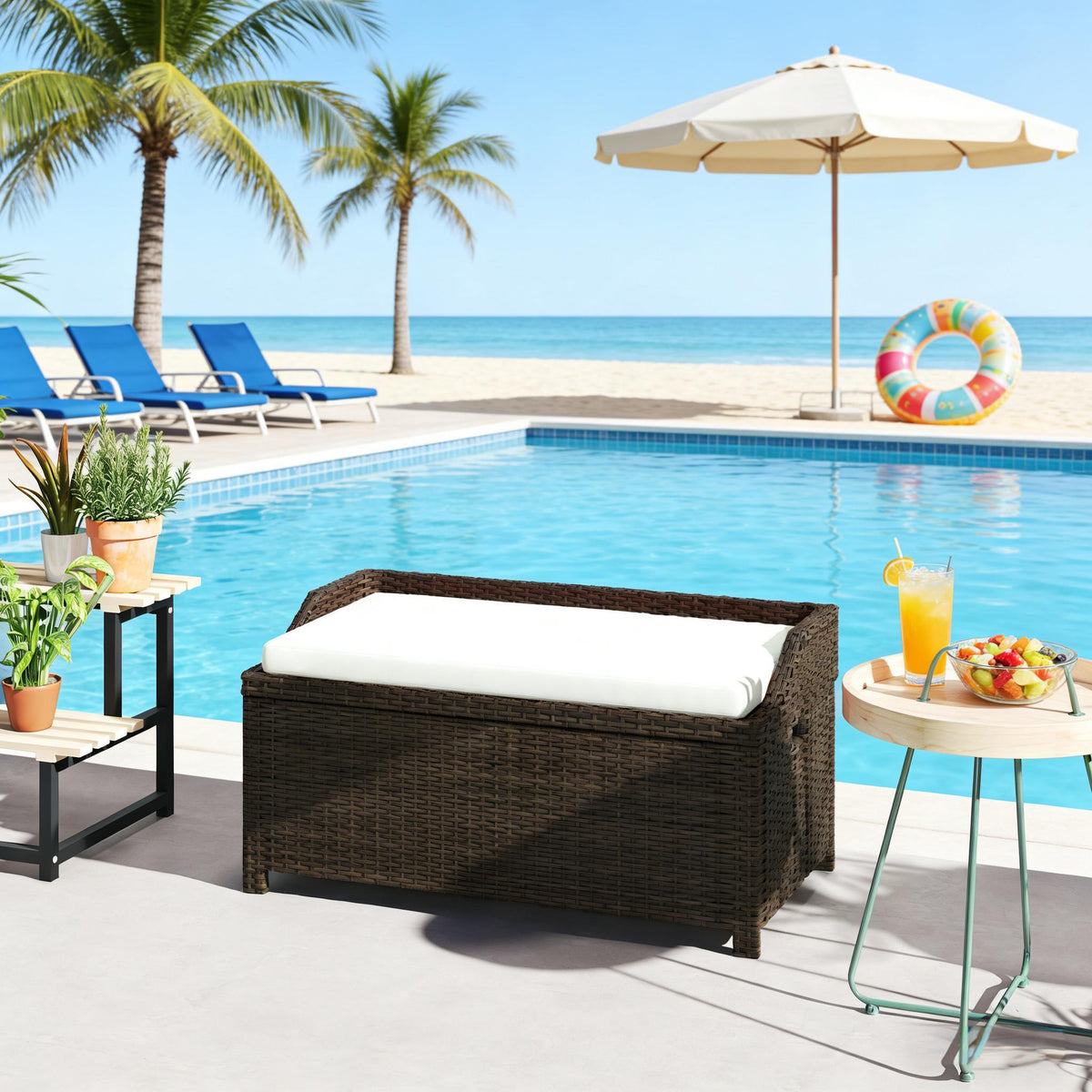 Brown Wicker Outdoor Storage Bench with Cushion