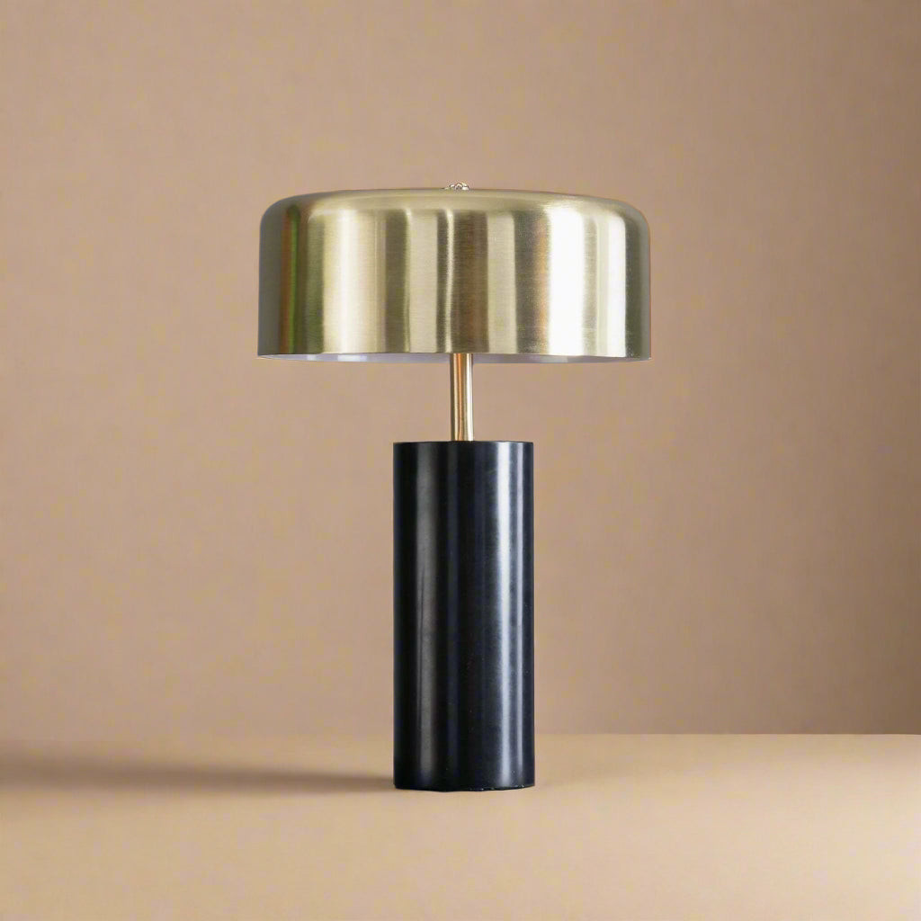 black marble table lamp base with gold stem and gold mushroom shaped shade