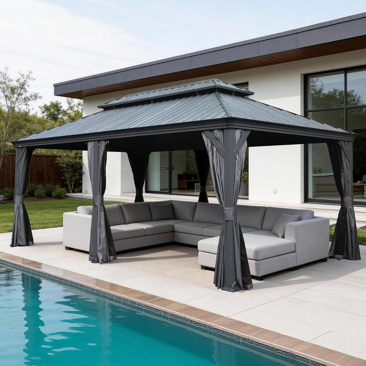 12x24 ft Gray Metal Double Roof Hardtop Gazebo with Netting and Curtains