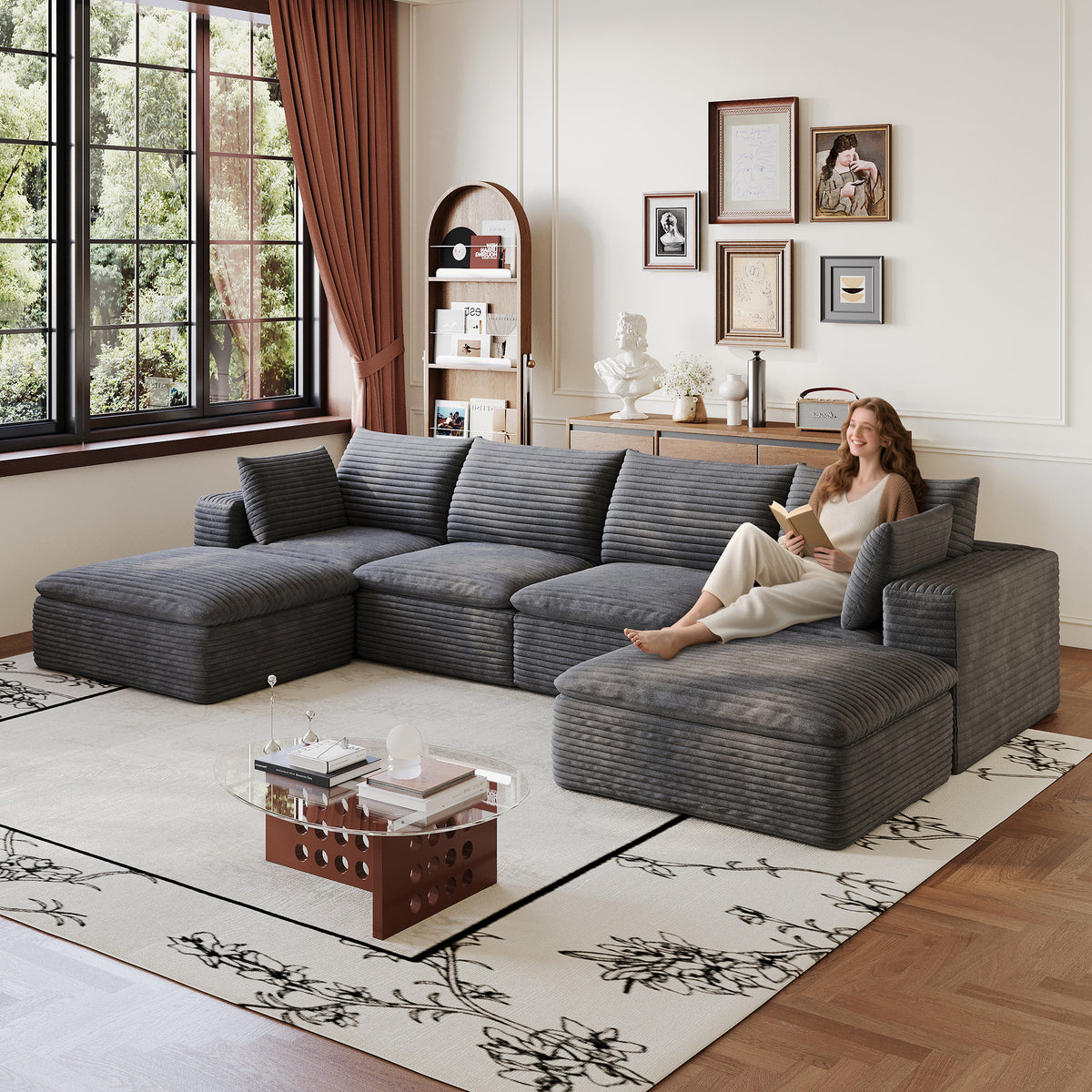 Dark Gray Corduroy Modular 6-Seat Couch, No Assembly, 134 in Wide