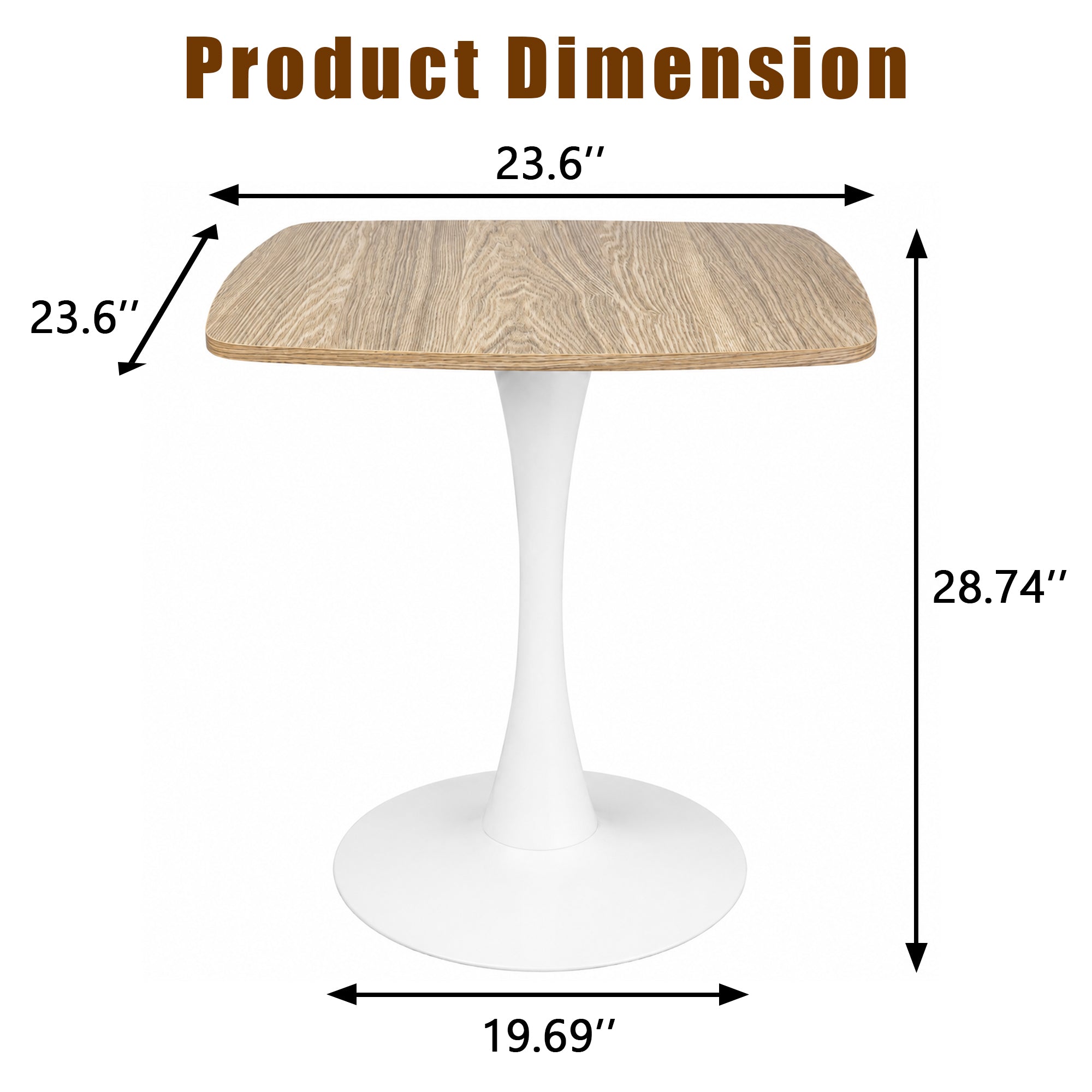 Dimension diagram of square tulip bistro table showing 23.6in top, 28.74in height, 19.69in base